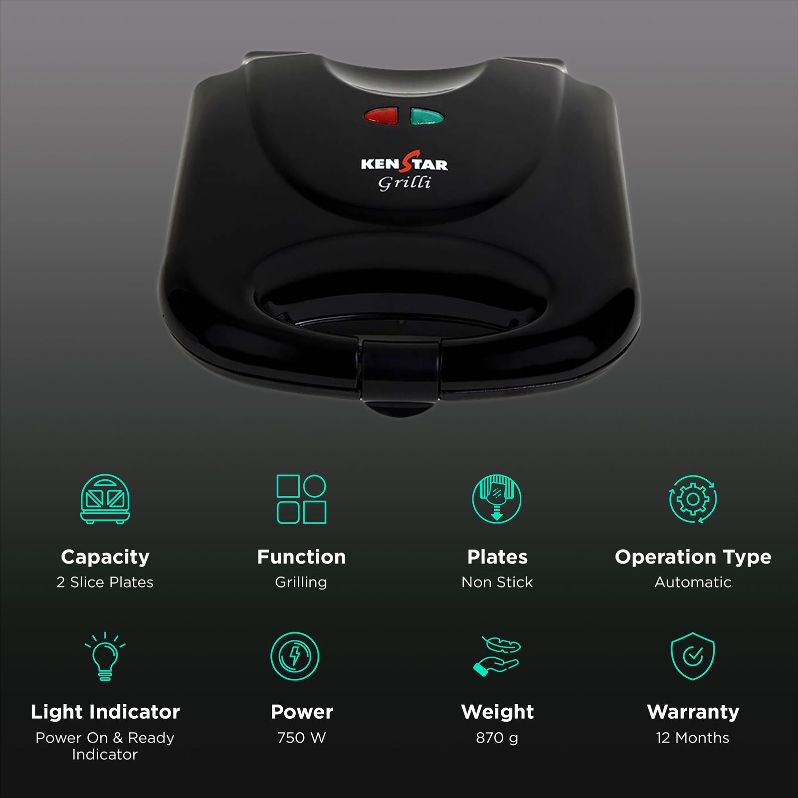 KENSTAR Grilli 750W 2 Slice Sandwich Maker with Cool Touch Body (Black) KENSTAR Grilli 750W 2 Slice Sandwich Maker with Cool Touch Body (Black)_3