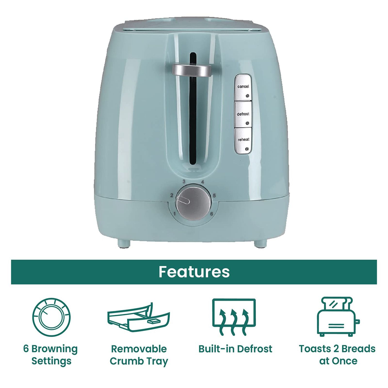 Croma 800W 2 Slice Pop-Up Toaster with Removable Crumb Tray (Green)_9
