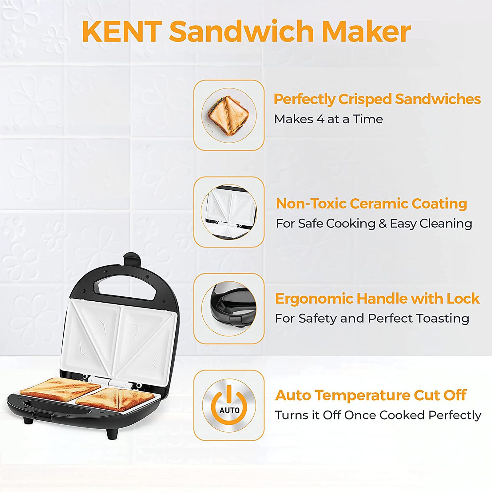 KENT 700W 4 Slice Sandwich Maker with Automatic Temperature Cut Off (Black & Metallic Silver) KENT 700W 4 Slice Sandwich Maker with Automatic Temperature Cut Off (Black & Metallic Silver)_6
