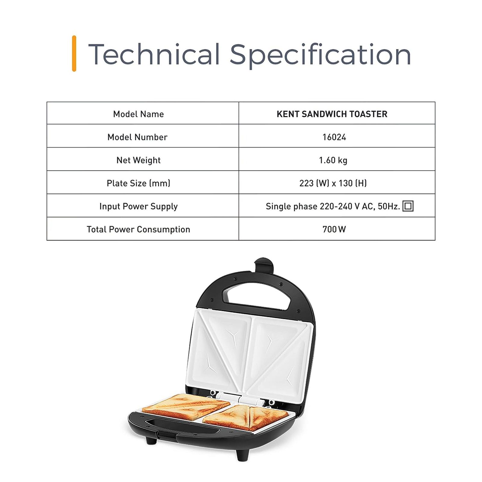 KENT 700W 4 Slice Sandwich Maker with Automatic Temperature Cut Off (Black & Metallic Silver) KENT 700W 4 Slice Sandwich Maker with Automatic Temperature Cut Off (Black & Metallic Silver)_9