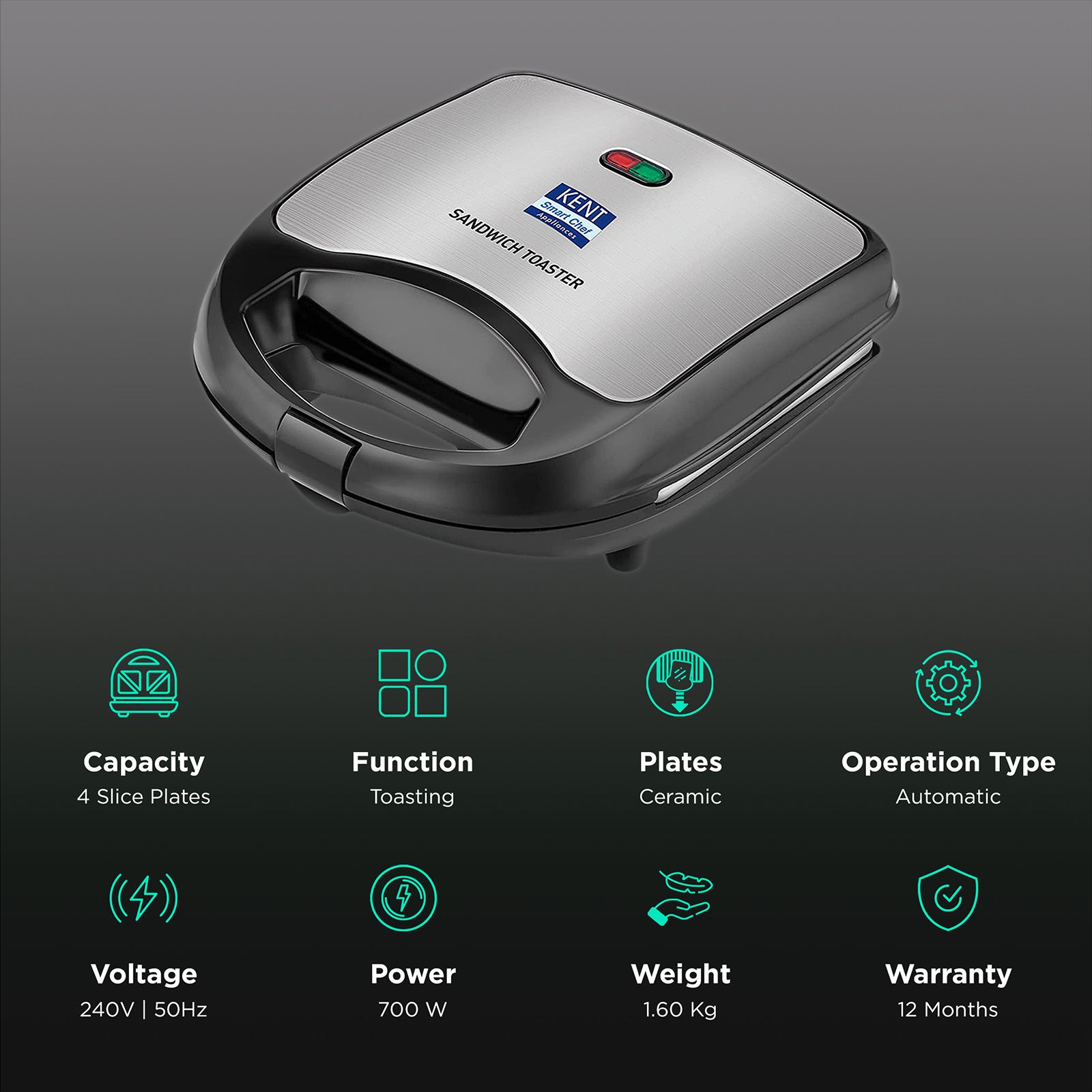 KENT 700W 4 Slice Sandwich Maker with Automatic Temperature Cut Off (Black & Metallic Silver) KENT 700W 4 Slice Sandwich Maker with Automatic Temperature Cut Off (Black & Metallic Silver)_3