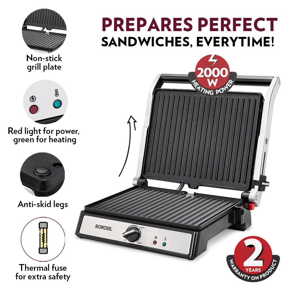 BOROSIL SuperJumbo 2000W 4 Slice Sandwich Maker with Oil Drip Collector Tray (Silver)_6
