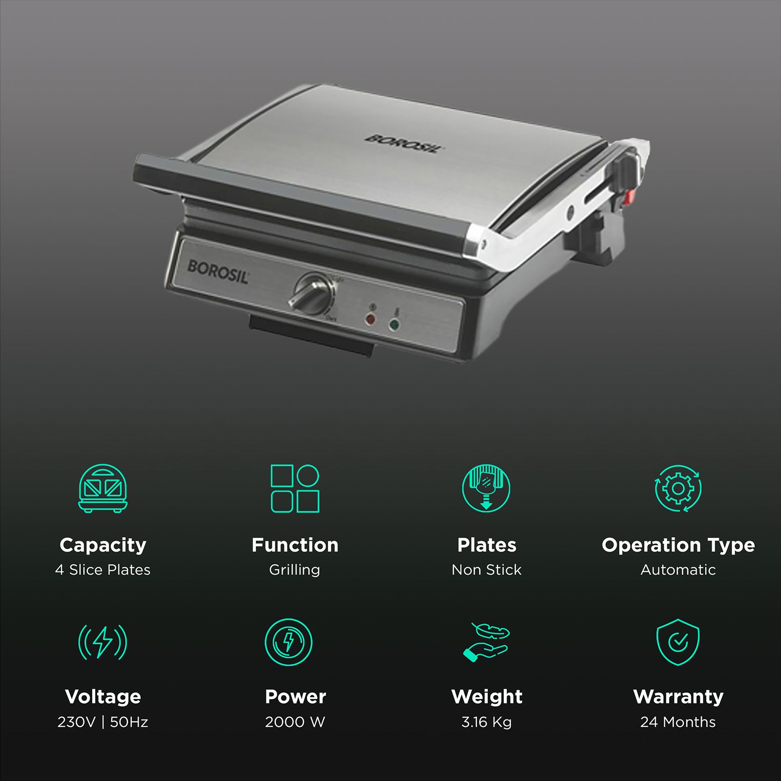 BOROSIL SuperJumbo 2000W 4 Slice Sandwich Maker with Oil Drip Collector Tray (Silver)_3