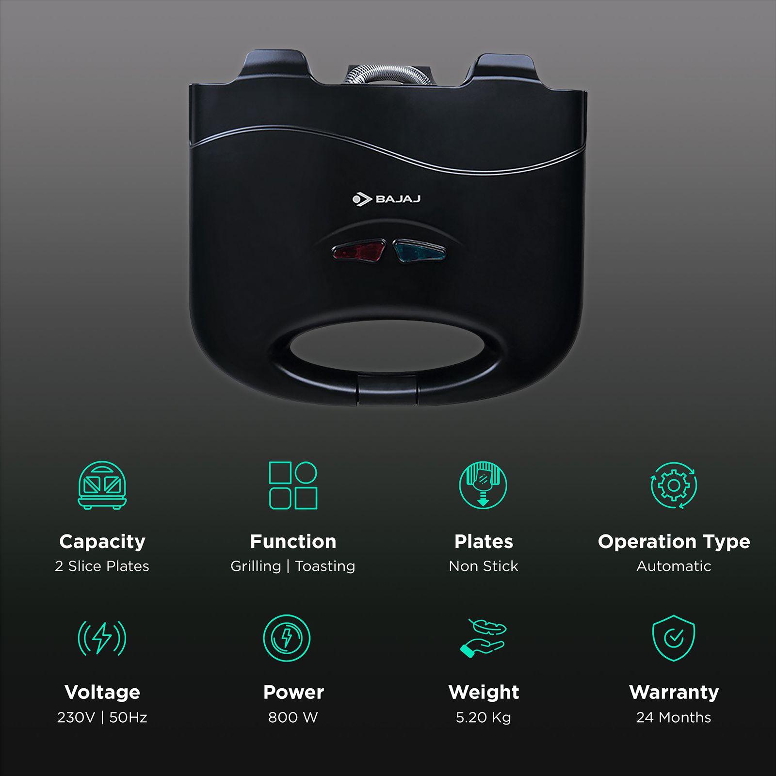 BAJAJ SWX 4 Deluxe 800W 2 Slice Sandwich Maker with Cool Touch Handle (Black) BAJAJ SWX 4 Deluxe 800W 2 Slice Sandwich Maker with Cool Touch Handle (Black)_3