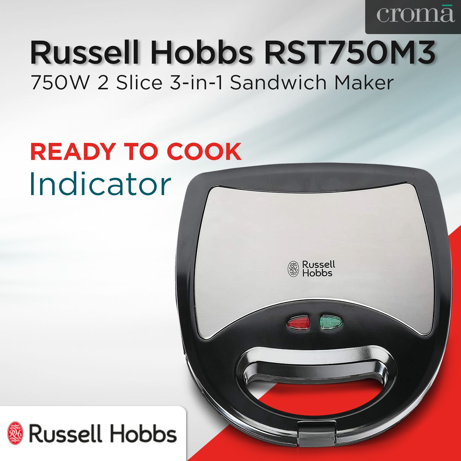 Russell Hobbs RST750M3 750W 2 Slice 3-in-1 Sandwich Maker with Detachable Multi-Plate (Black & Silver) Russell Hobbs RST750M3 750W 2 Slice 3-in-1 Sandwich Maker with Detachable Multi-Plate (Black & Silver)_16