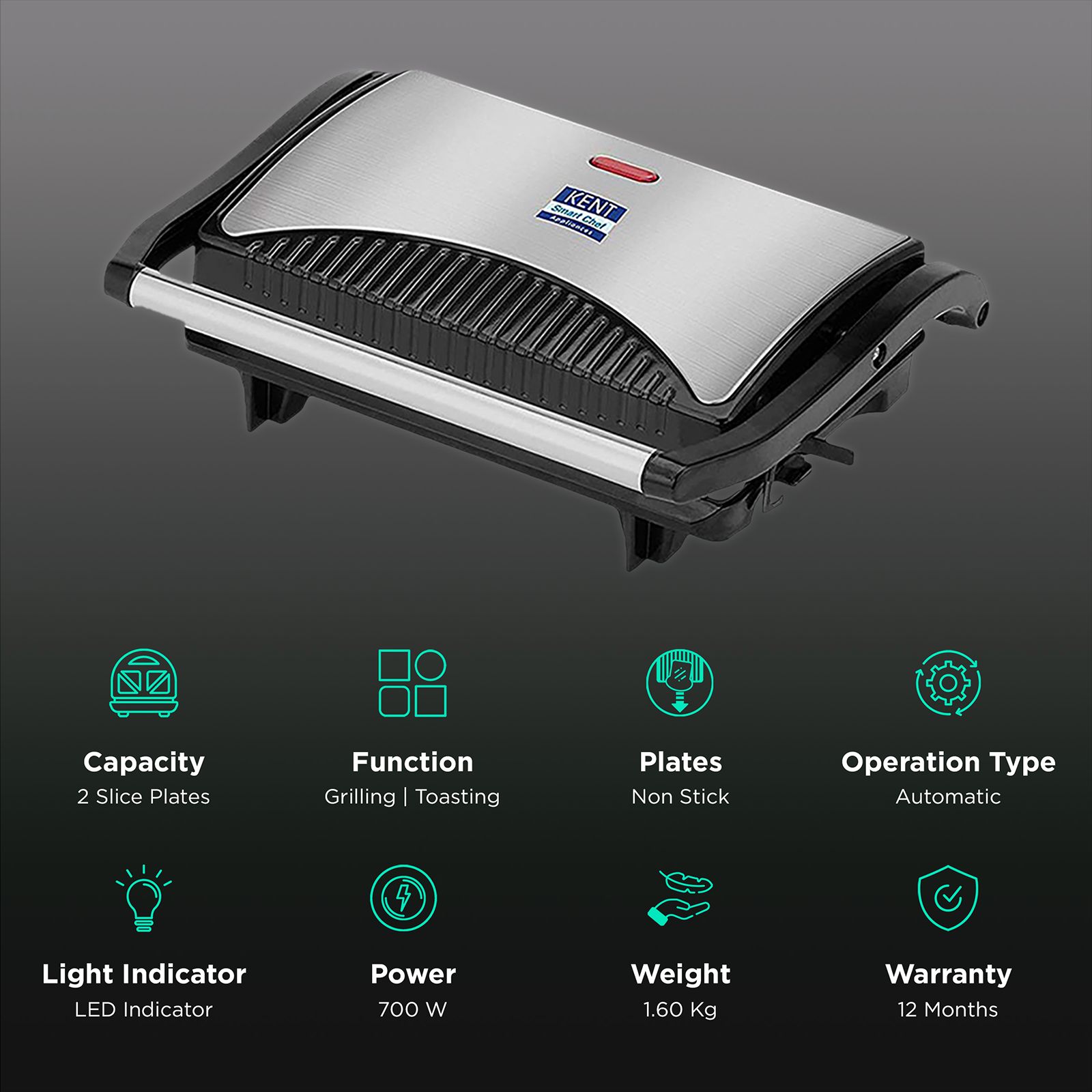 KENT 700W 2 Slice Sandwich Maker with Automatic Temperature Cut Off (Metallic Silver)_3