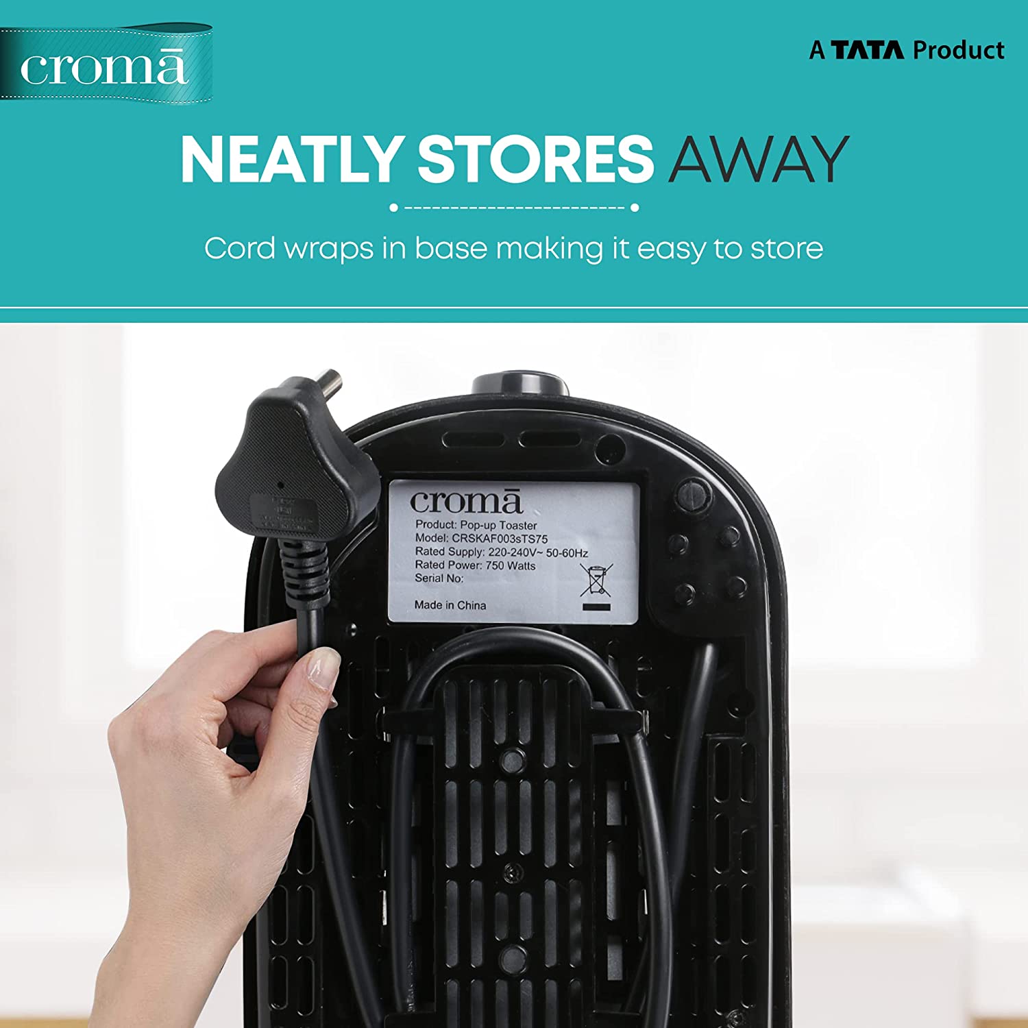 Croma 750W 2 Slice Pop-Up Toaster with Removable Crumb Tray (Black)_4