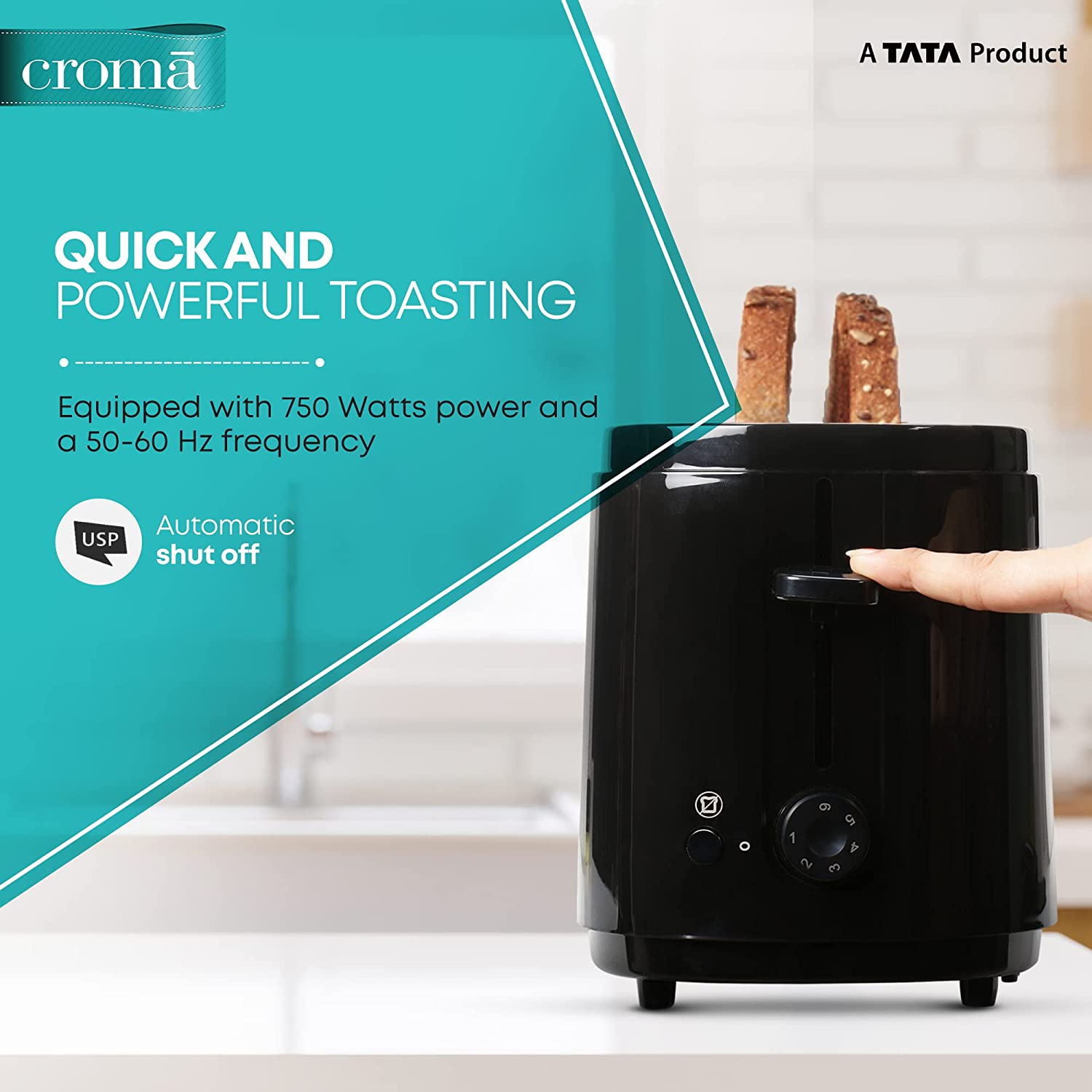 Croma 750W 2 Slice Pop-Up Toaster with Removable Crumb Tray (Black)_7