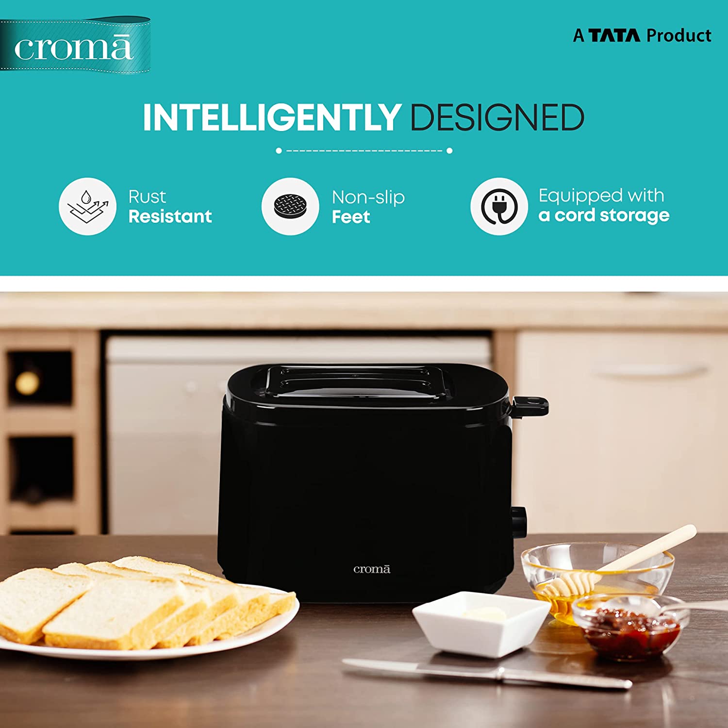 Croma 750W 2 Slice Pop-Up Toaster with Removable Crumb Tray (Black)_9