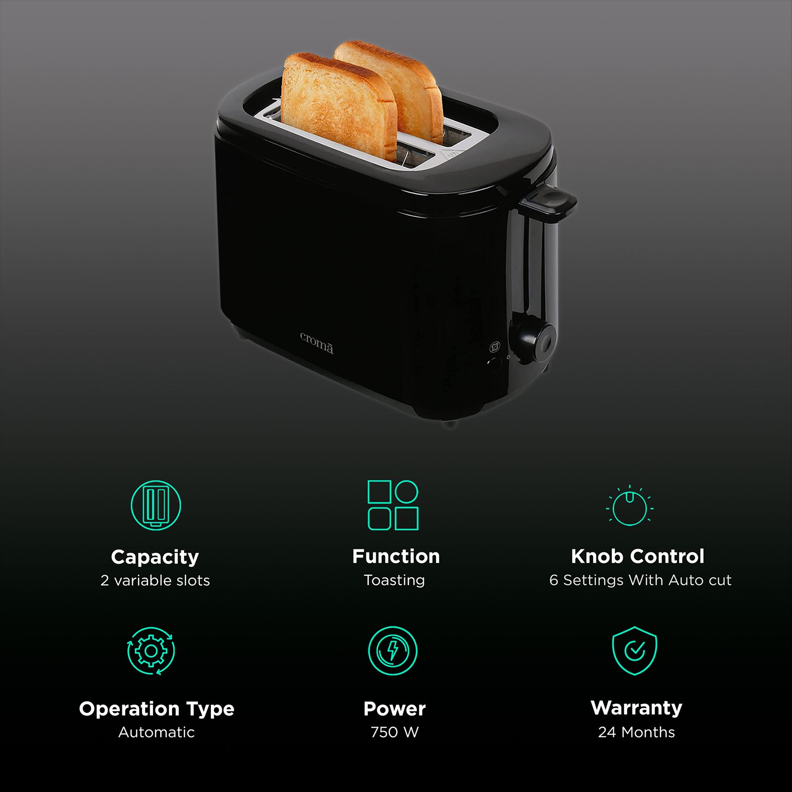 Croma 750W 2 Slice Pop-Up Toaster with Removable Crumb Tray (Black)_3