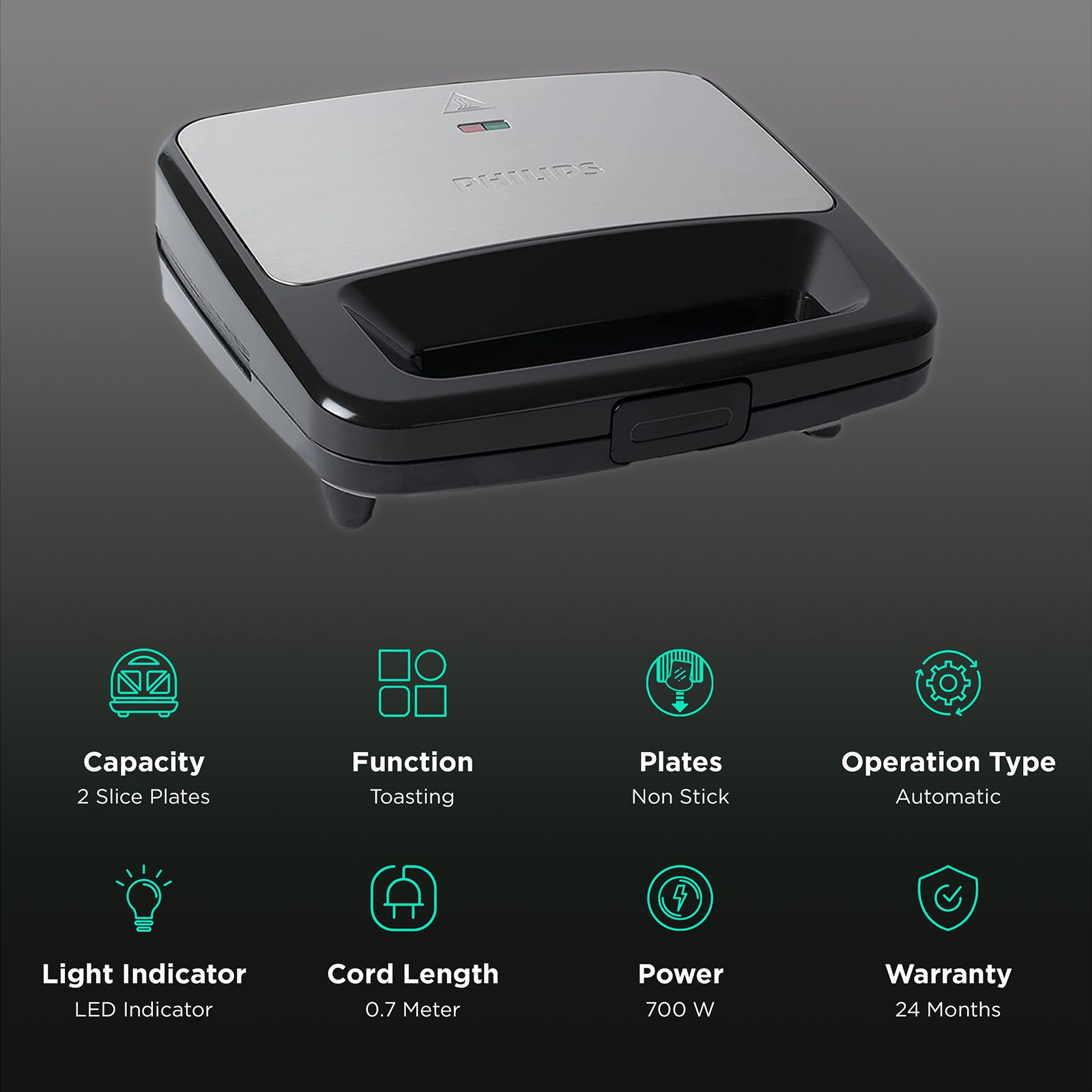 PHILIPS Viva Collection 700W 2 Slice Sandwich Maker with Secured Locking Mechanism (Black) PHILIPS Viva Collection 700W 2 Slice Sandwich Maker with Secured Locking Mechanism (Black)_3