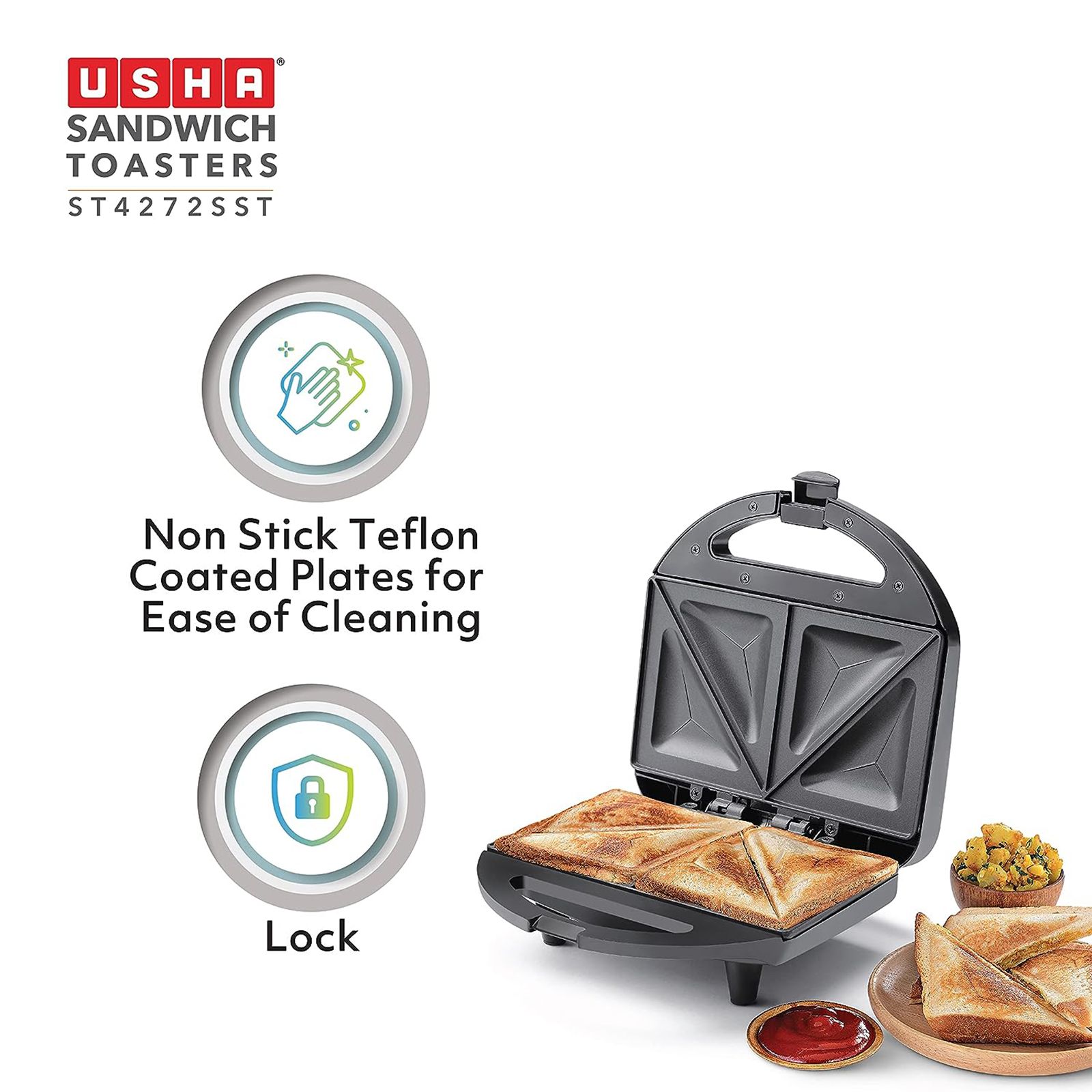 USHA ST 4272 SST 750W 2 Slice Sandwich Maker with Shockproof & Heat Resistant (Black)_7