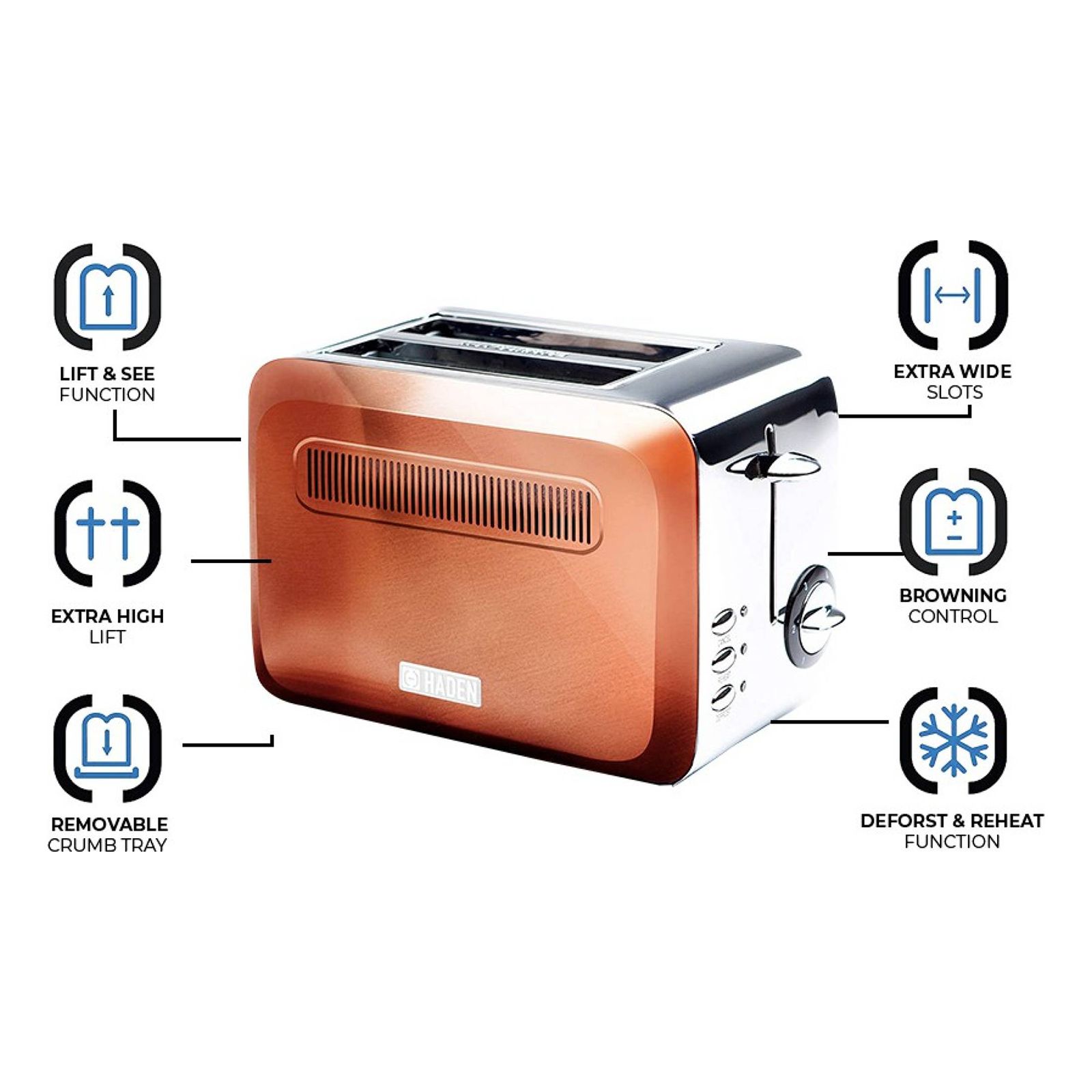 HADEN Boston Pyramid 980W 2 Slice Pop-Up Toaster with Removable Crumb Tray (Copper)_9