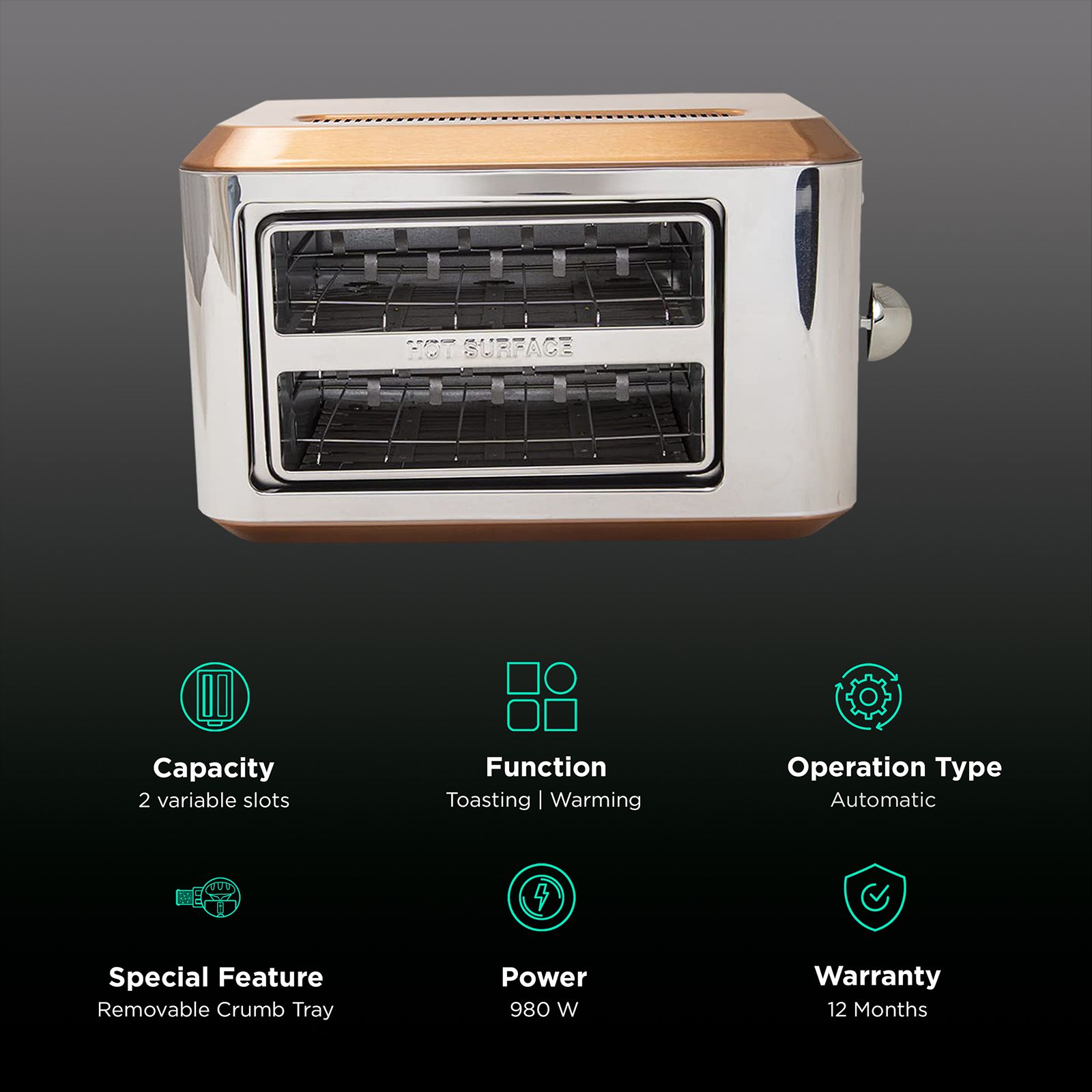 HADEN Boston Pyramid 980W 2 Slice Pop-Up Toaster with Removable Crumb Tray (Copper)_3