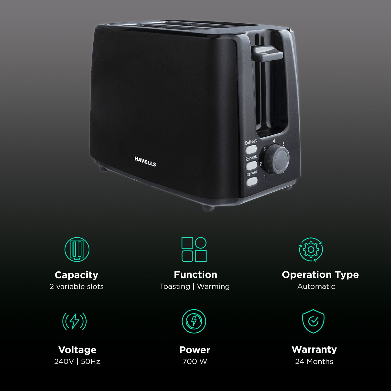 HAVELLS Crisp Plus 700W 2 Slice Pop-Up Toaster with 7 Heat Setting (Black)_3