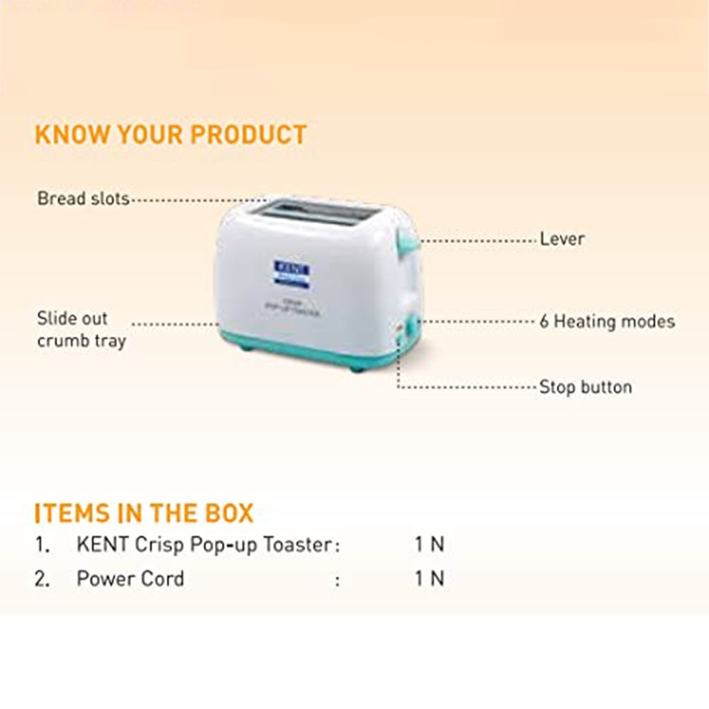 KENT Crisp 650-750W 2 Slice Pop-Up Toaster with 6 Heat Setting (White) KENT Crisp 650-750W 2 Slice Pop-Up Toaster with 6 Heat Setting (White)_5