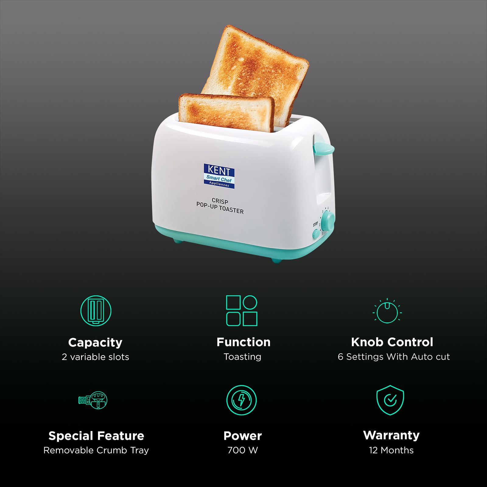 KENT Crisp 650-750W 2 Slice Pop-Up Toaster with 6 Heat Setting (White) KENT Crisp 650-750W 2 Slice Pop-Up Toaster with 6 Heat Setting (White)_3