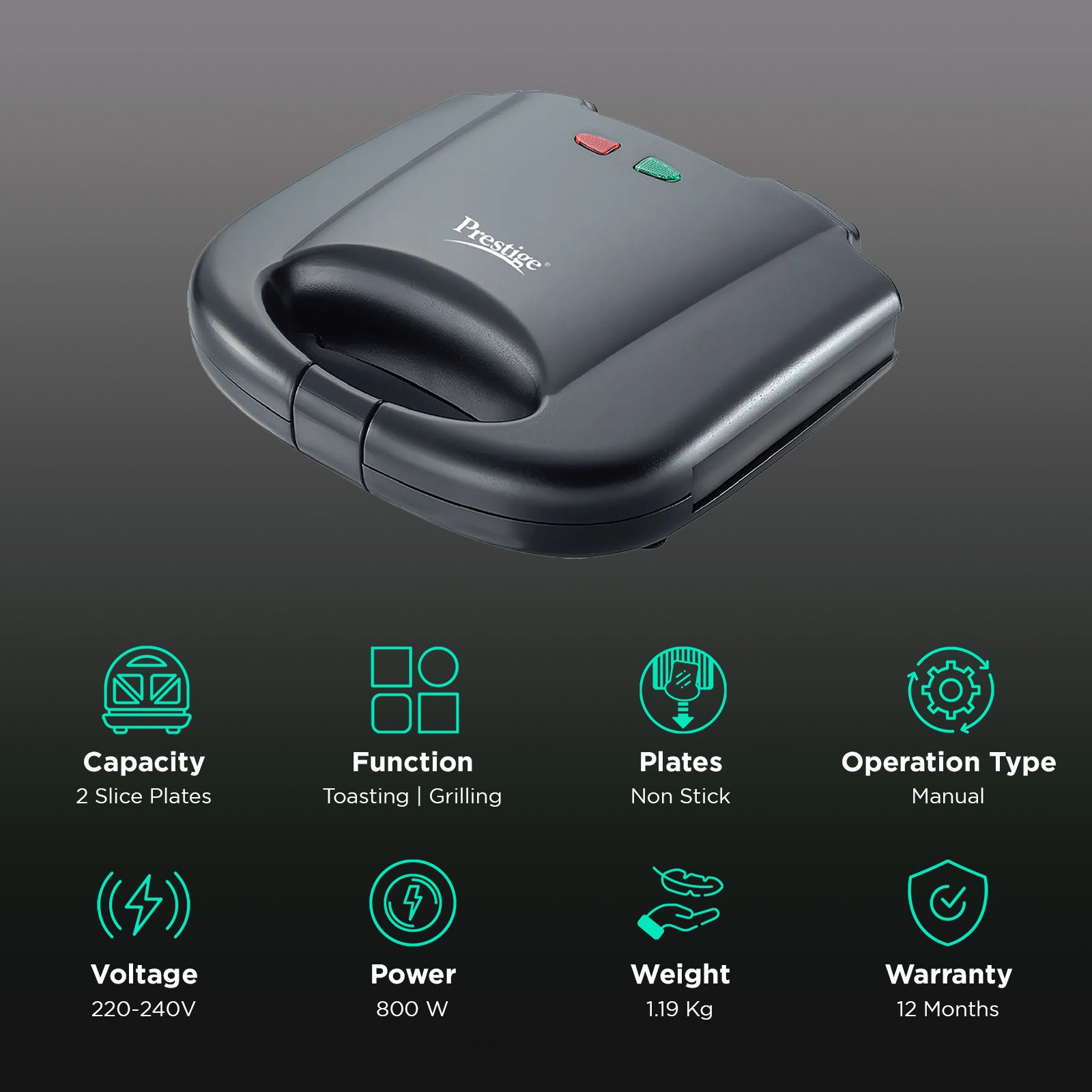 Prestige PGMFB 800W 2 Slice Sandwich Maker with Indicator Light (Black)_3