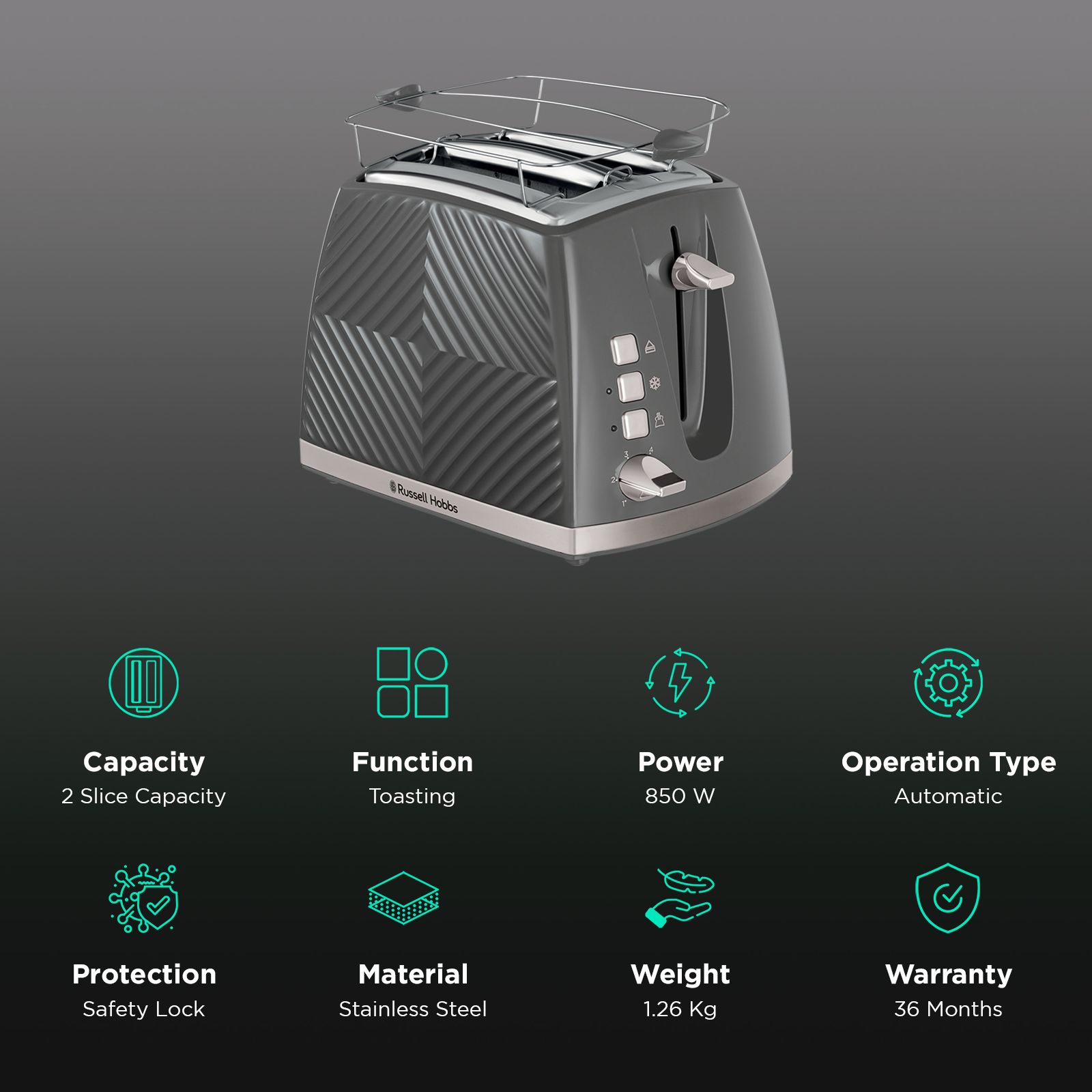 Russell Hobbs Groove 850W 2 Slice Pop-up Toaster with 6 Temperature Settings (Grey) Russell Hobbs Groove 850W 2 Slice Pop-up Toaster with 6 Temperature Settings (Grey)_3