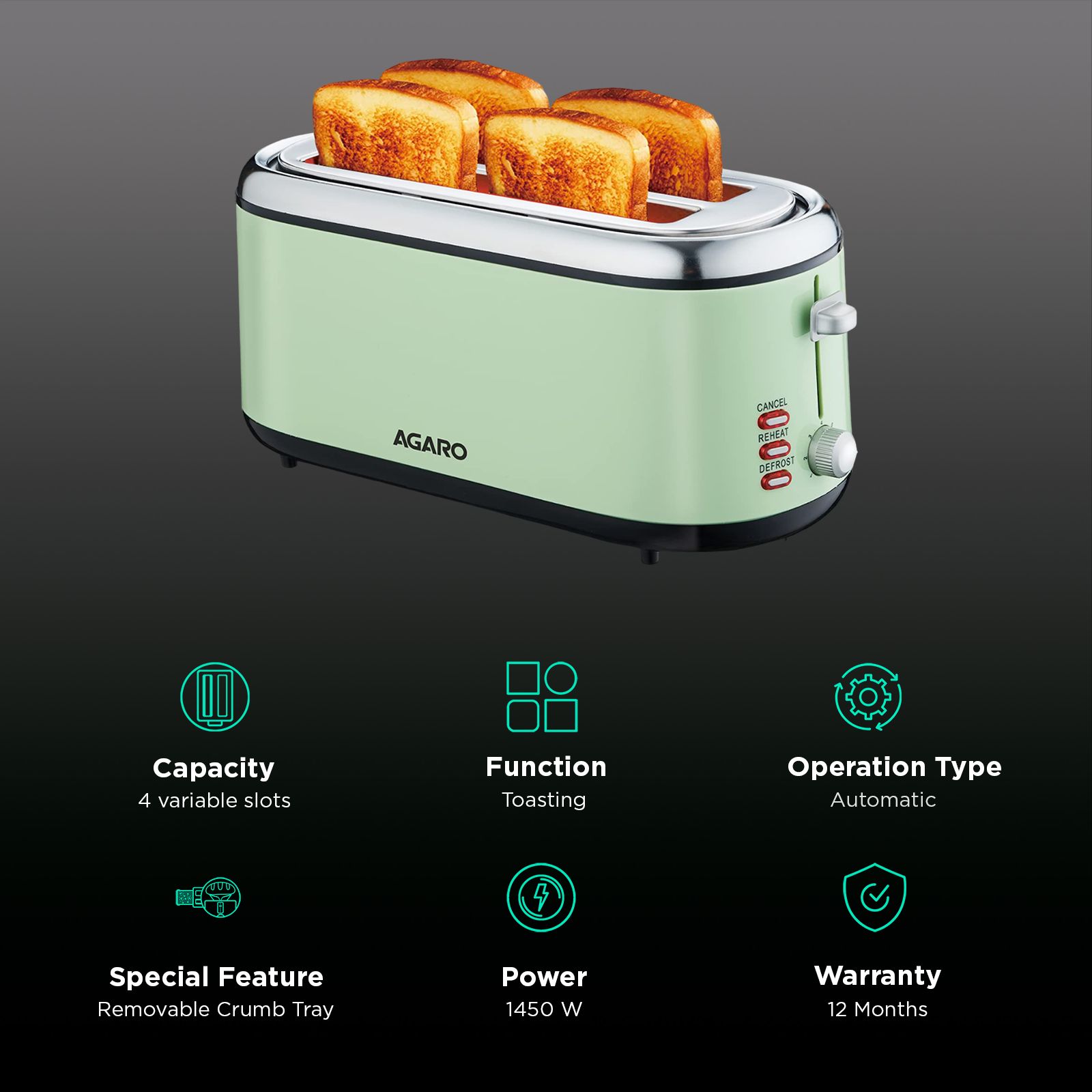 AGARO Royal 1450W 4 Slice Pop-Up Toaster with 7 Level Browning Controls (Green) AGARO Royal 1450W 4 Slice Pop-Up Toaster with 7 Level Browning Controls (Green)_3