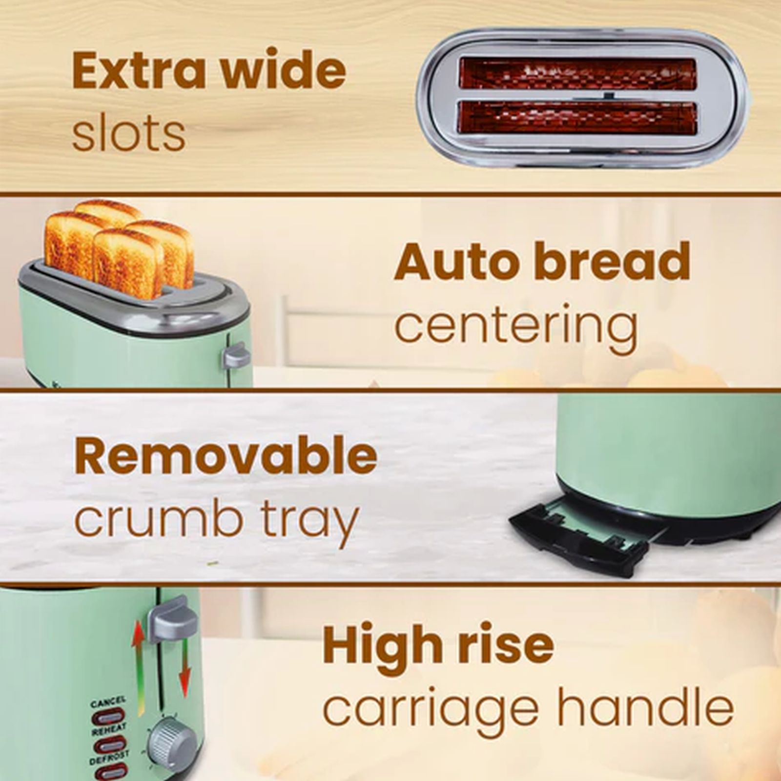 AGARO Royal 1450W 4 Slice Pop-Up Toaster with 7 Level Browning Controls (Green) AGARO Royal 1450W 4 Slice Pop-Up Toaster with 7 Level Browning Controls (Green)_6