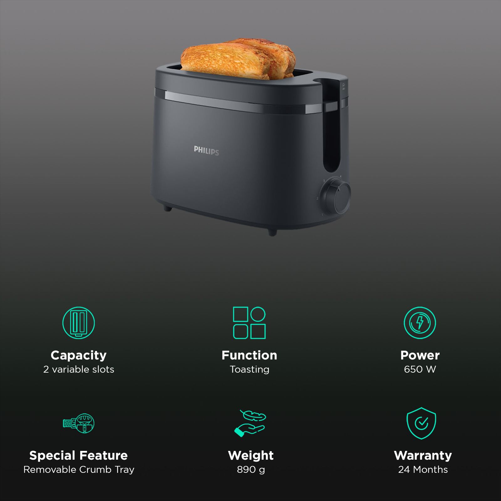 PHILIPS Essentials Collection 1000 Series 650W 2 Slice Pop-Up Toaster with 6 Level Browning Controls (Charcoal Grey)_3