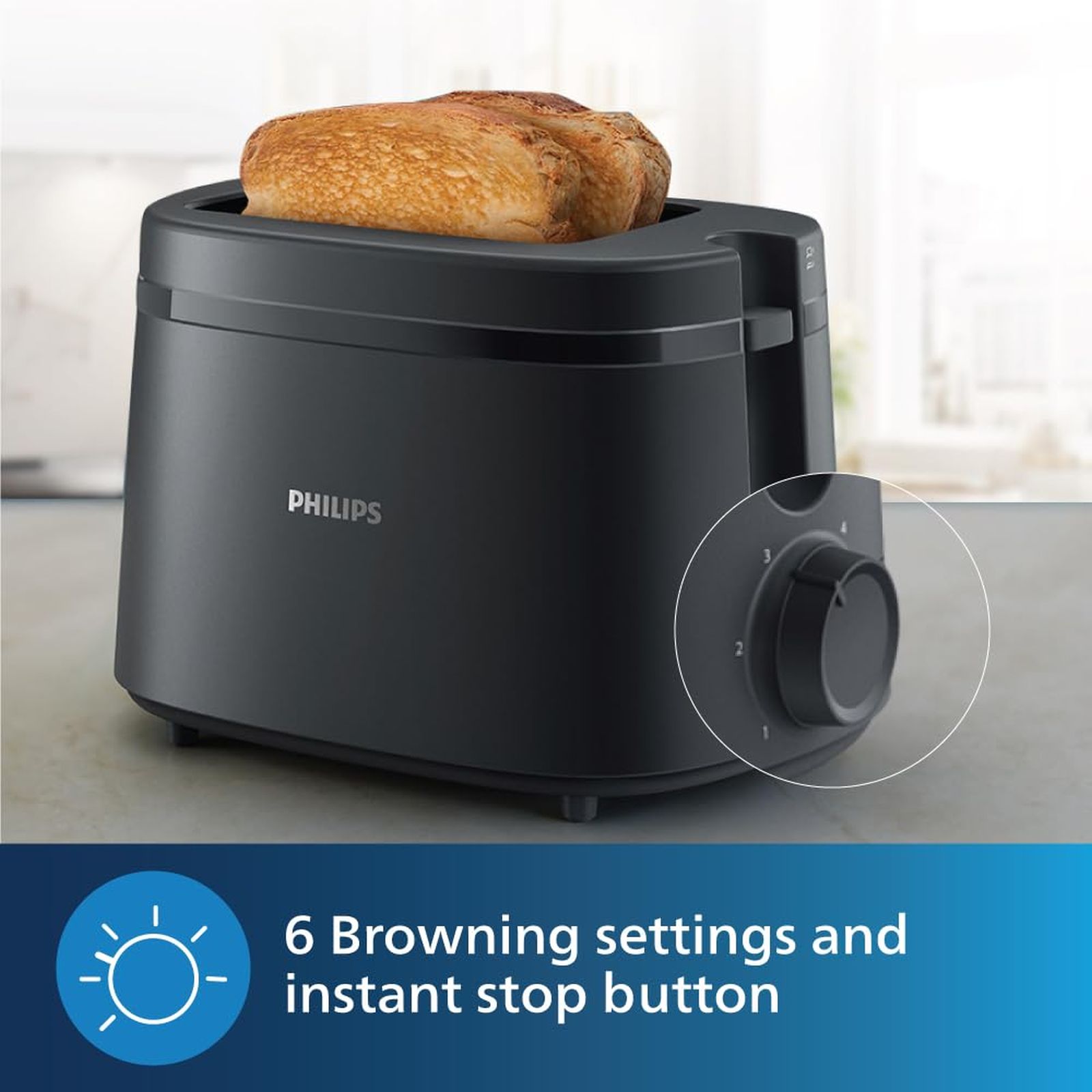 PHILIPS Essentials Collection 1000 Series 650W 2 Slice Pop-Up Toaster with 6 Level Browning Controls (Charcoal Grey)_4