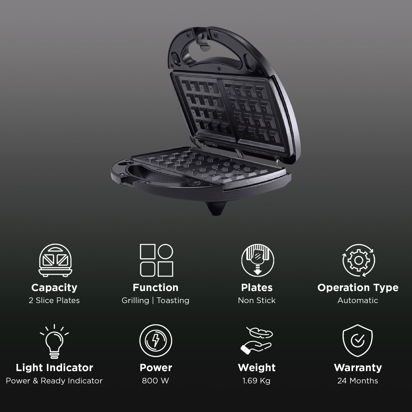 Croma 800W 2 Slice 3-in-1 Sandwich Maker with Automatic Operation (Black)_3