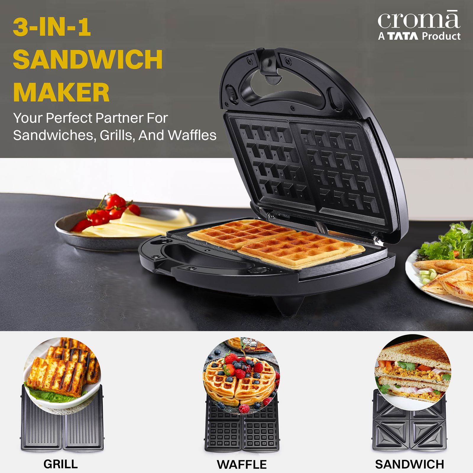 Croma AK6203 800W 2 Slice 3-in-1 Sandwich Maker with Automatic Operation (Black)_2