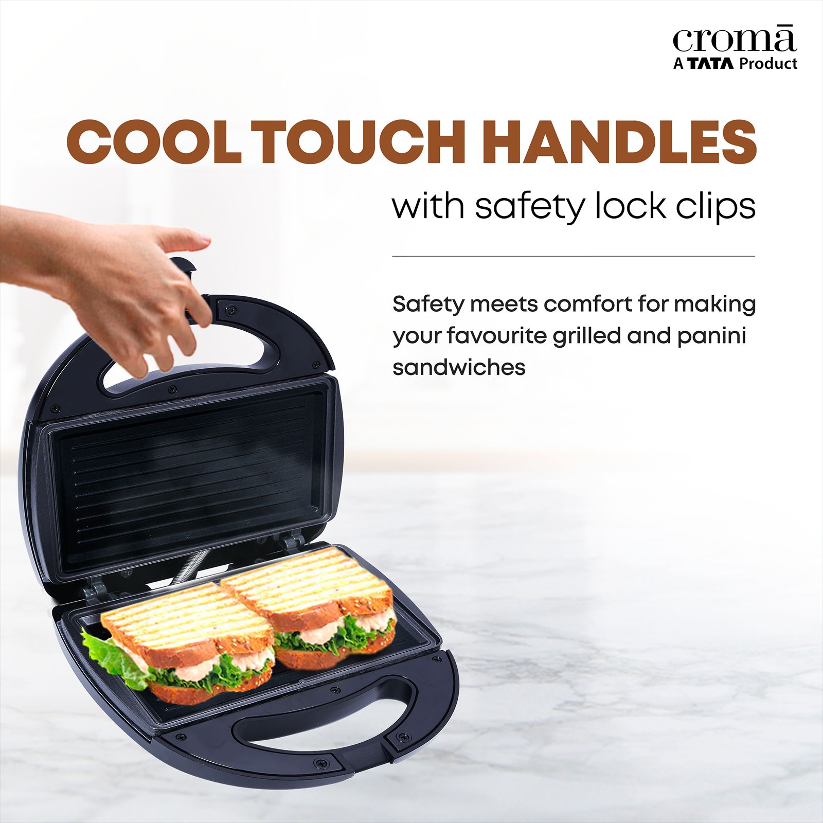 Croma 750W 2 Slice Sandwich Maker with Cool Touch Handle (Black)_7