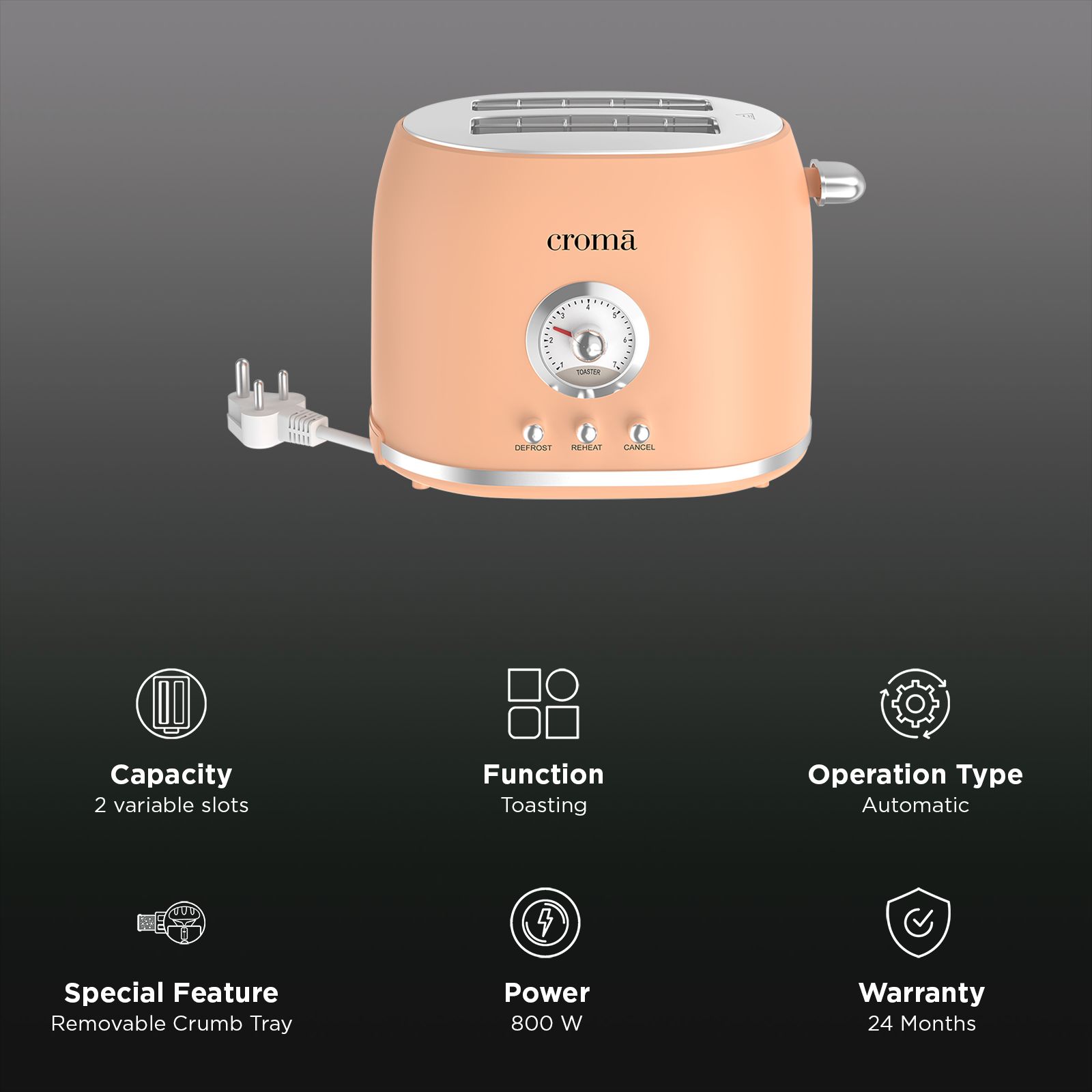 Croma 800W 2 Slice Pop-Up Toaster with Removable Crumb Tray (Peach) Croma 800W 2 Slice Pop-Up Toaster with Removable Crumb Tray (Peach)_3