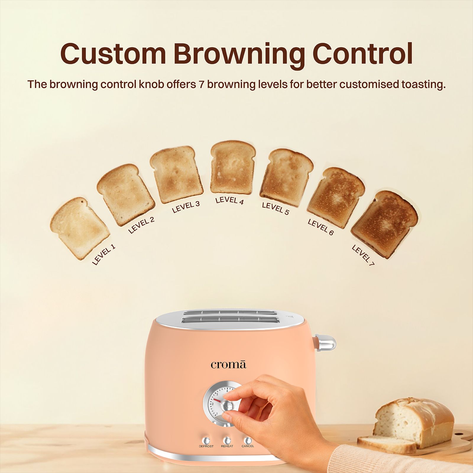 Croma 800W 2 Slice Pop-Up Toaster with Removable Crumb Tray (Peach) Croma 800W 2 Slice Pop-Up Toaster with Removable Crumb Tray (Peach)_5