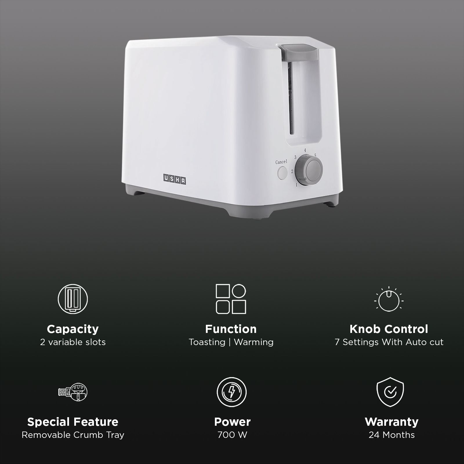 Usha PT3720D 700W 2 Slice Pop-Up Toaster with 7 Heat Settings For Variable Browning Control (White)_3