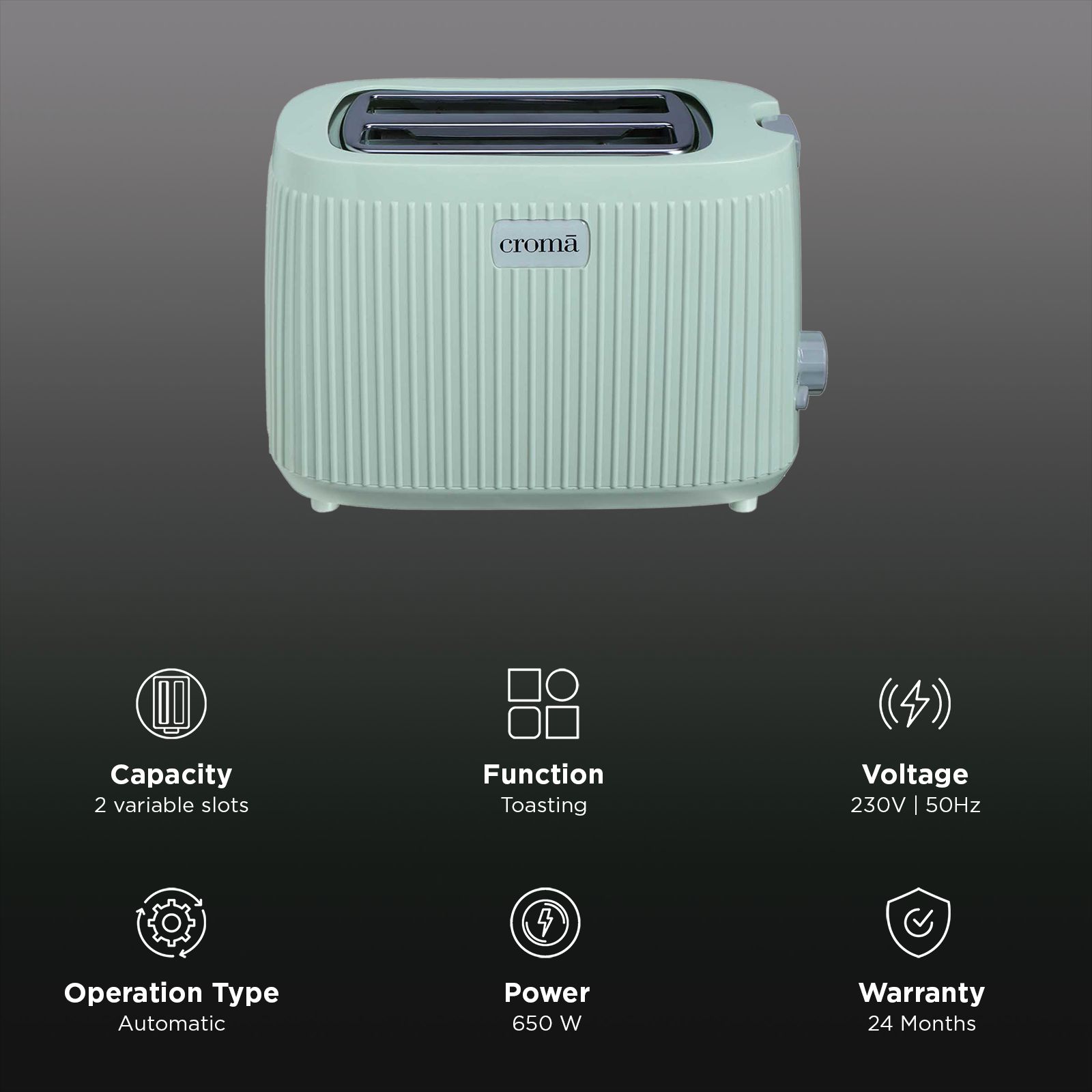 Croma 650W 2 Slice Pop-Up Toaster with 7 Variable Electronic Browning Control (Mint Green) Croma 650W 2 Slice Pop-Up Toaster with 7 Variable Electronic Browning Control (Mint Green)_3