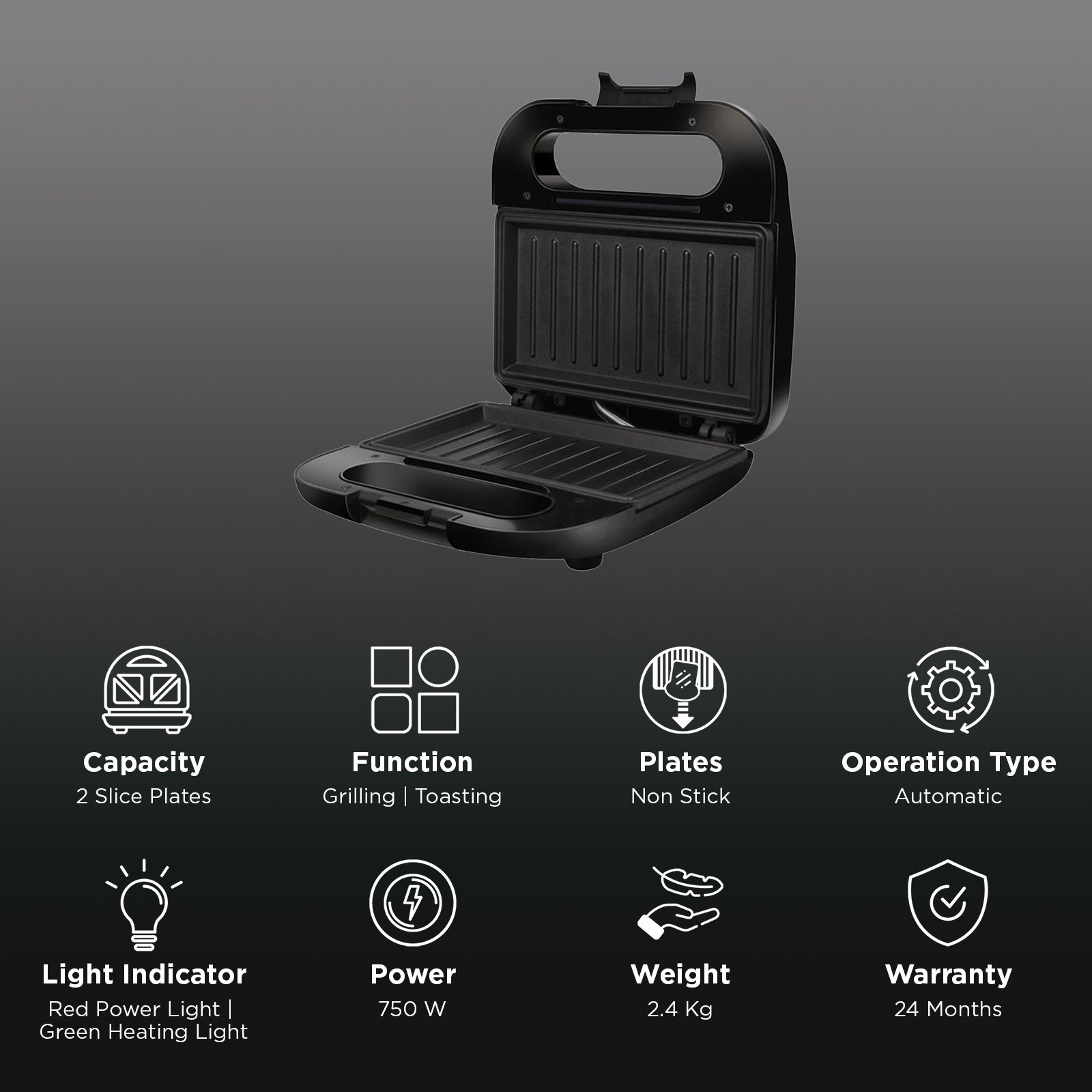 AGARO Primo 750W 2 Slice 3-in-1 Sandwich Maker with Automatic Temperature Cut Off (Black) AGARO Primo 750W 2 Slice 3-in-1 Sandwich Maker with Automatic Temperature Cut Off (Black)_3