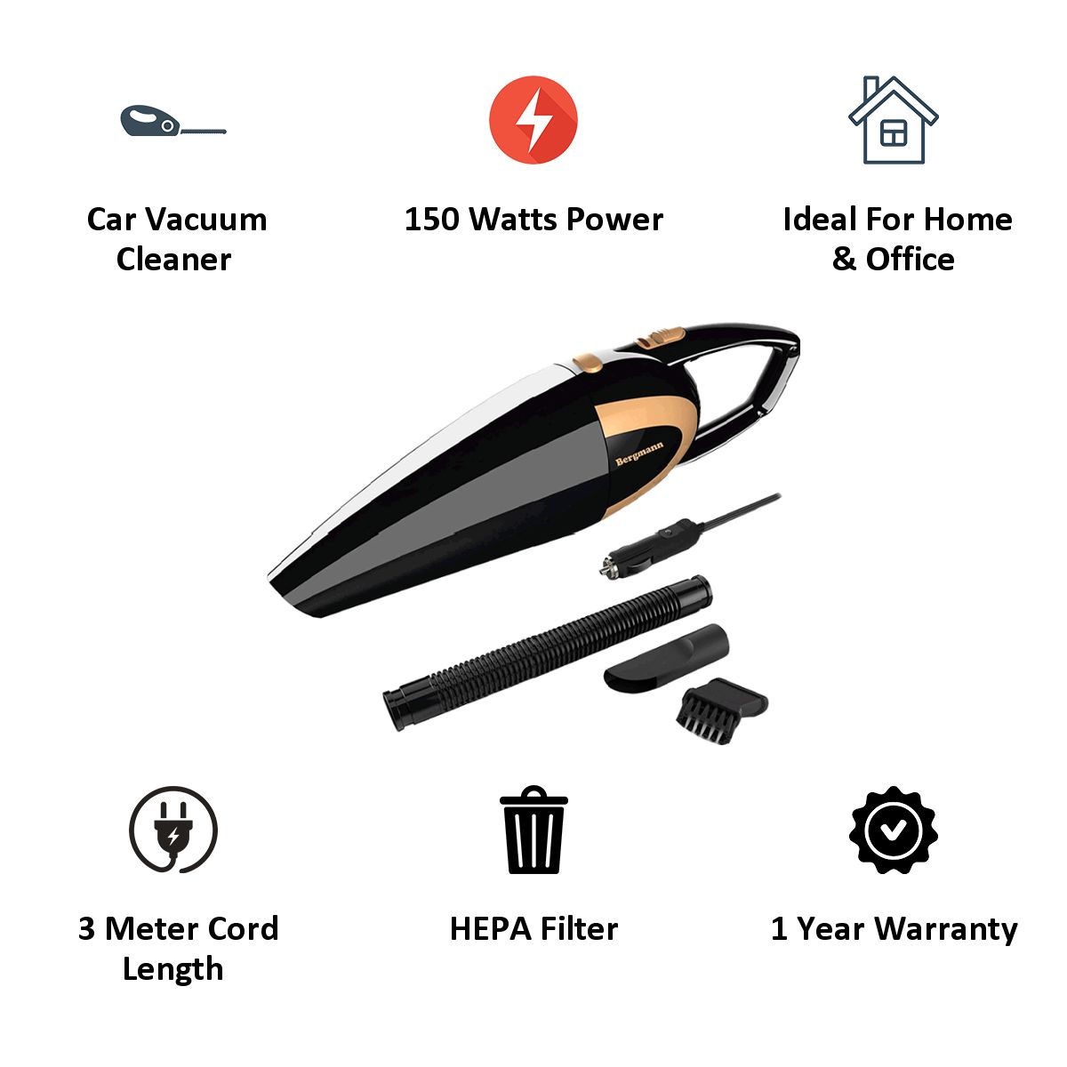 BERGMANN Stunner 150W Car Vacuum Cleaner with Copper Motor (Power On Indicator, Black)_4