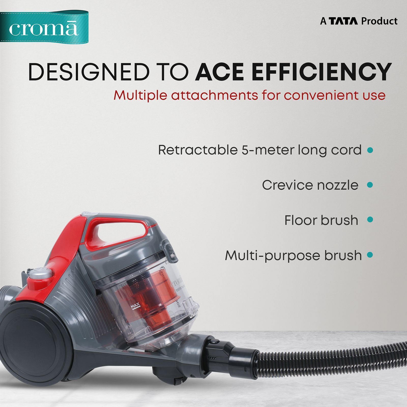 Croma 1200W Dry Vacuum Cleaner with Cyclonic Technology (Noise Free Cleaning, Red) Croma 1200W Dry Vacuum Cleaner with Cyclonic Technology (Noise Free Cleaning, Red)_9