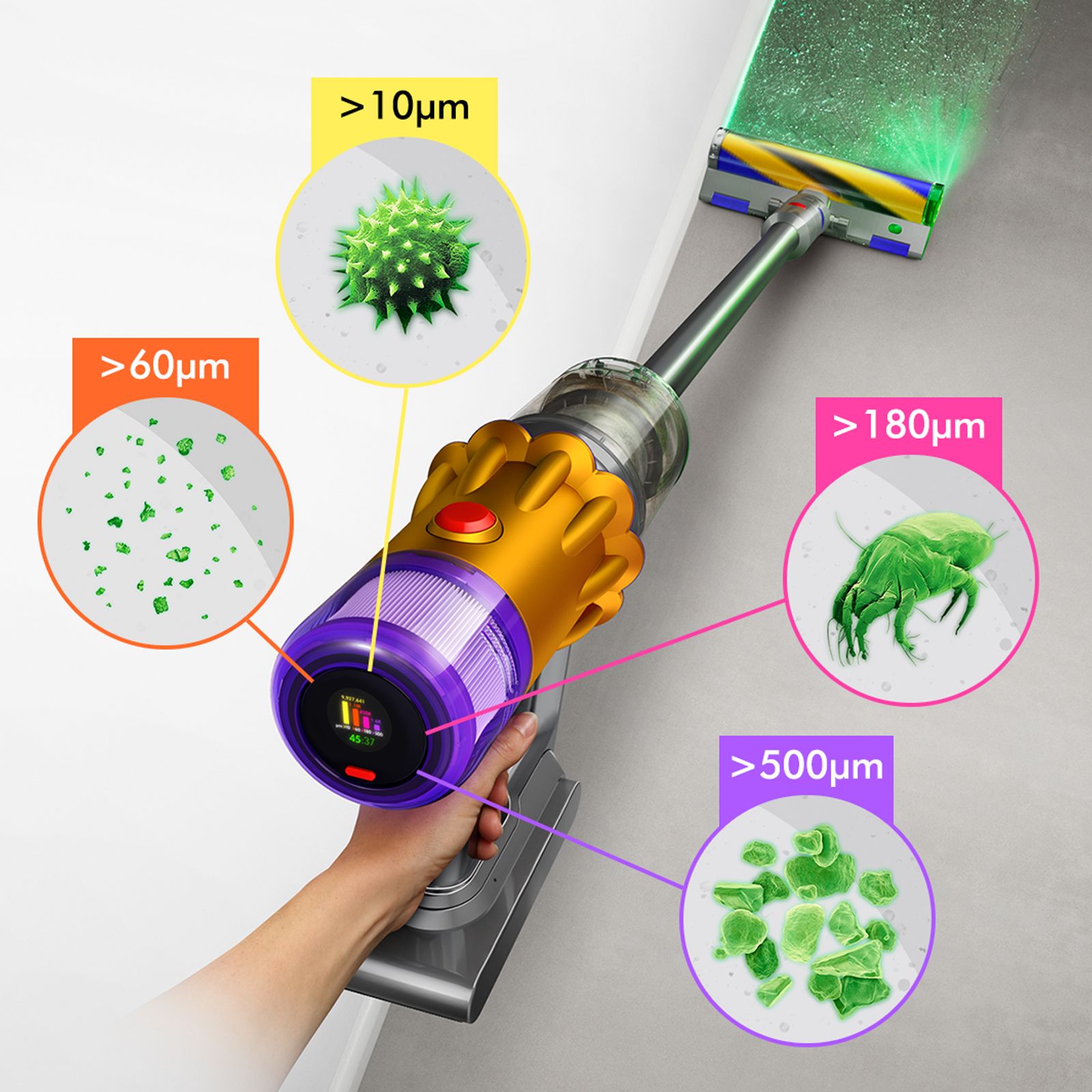 dyson V12 Detect Slim 150W Cordless Wet & Dry Vacuum Cleaner with 11 Cyclones Technology (LCD Screen, Yellow & Nickel)_2