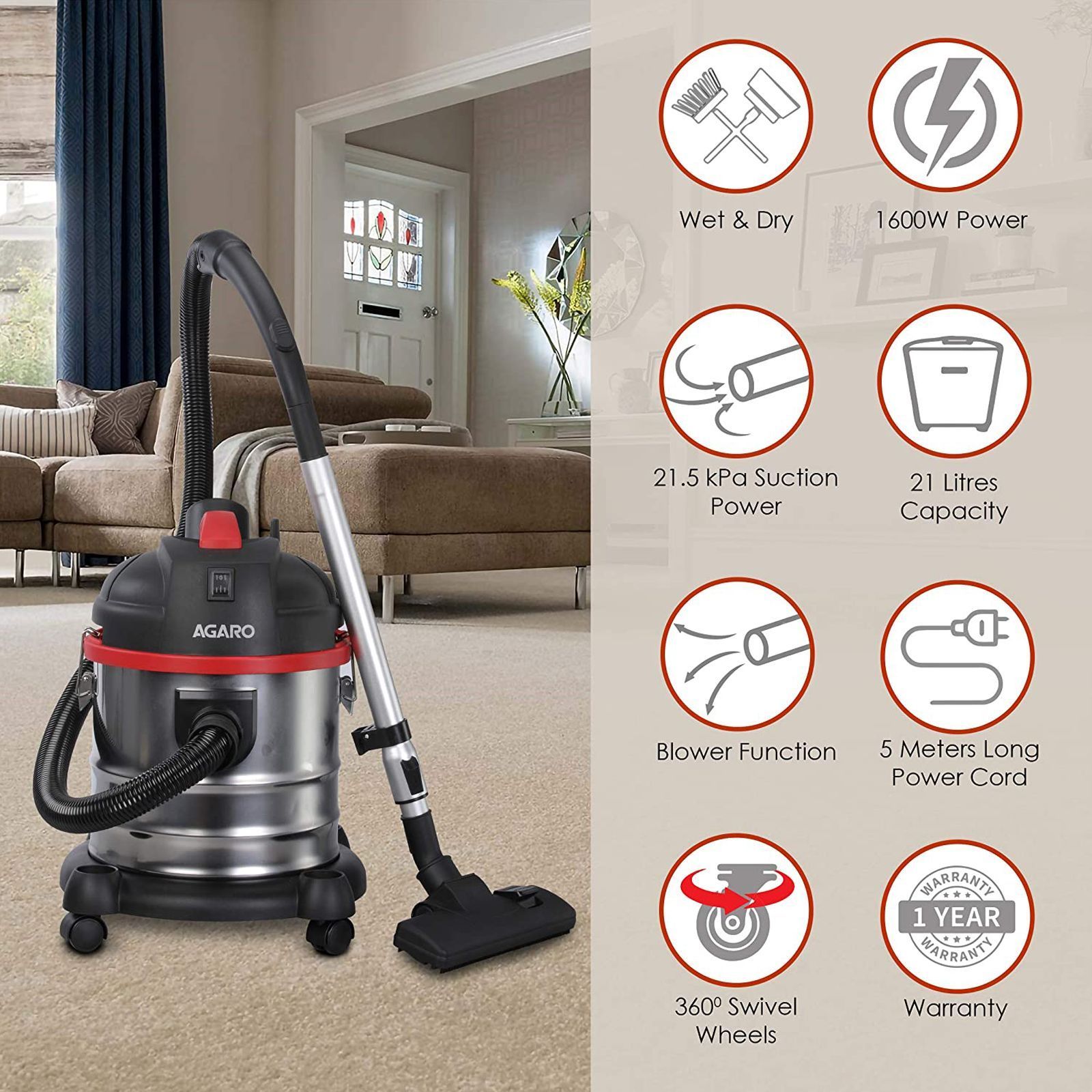AGARO Ace 1600W Wet & Dry Vacuum Cleaner with Blower Function (2-in-1, Black) AGARO Ace 1600W Wet & Dry Vacuum Cleaner with Blower Function (2-in-1, Black)_3