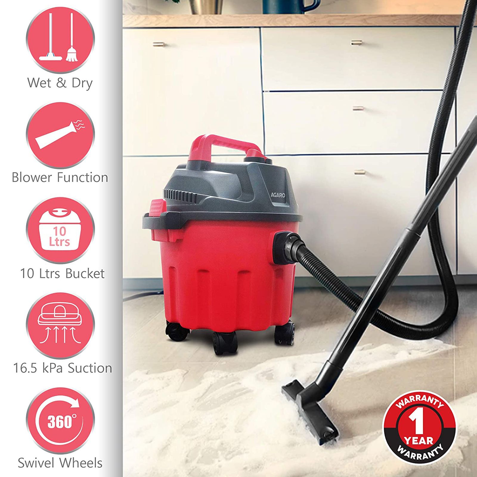 AGARO Rapid 1000W Wet & Dry Vacuum Cleaner with Turbo Motor (Dual Operations, Red)_2