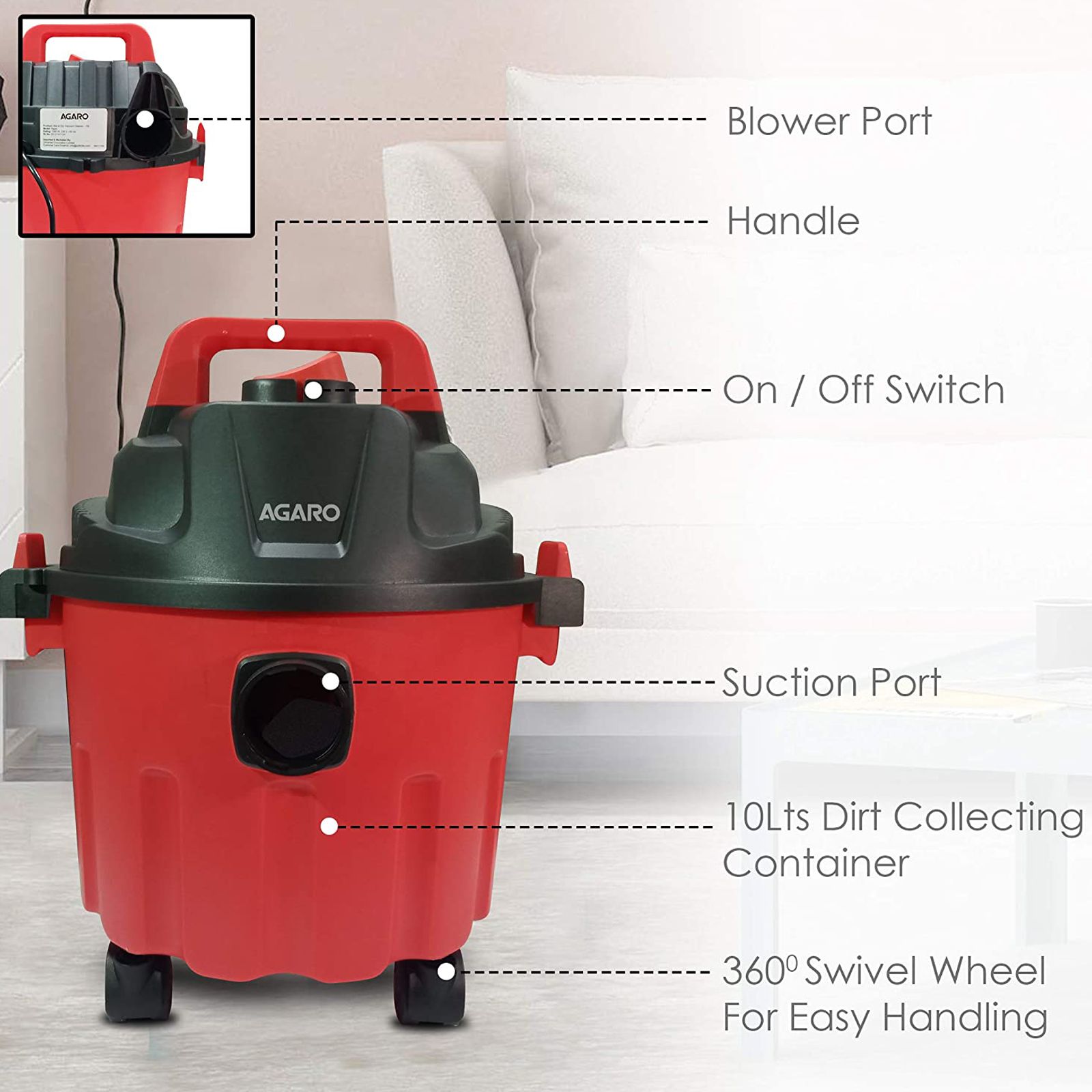AGARO Rapid 1000W Wet & Dry Vacuum Cleaner with Turbo Motor (Dual Operations, Red)_3