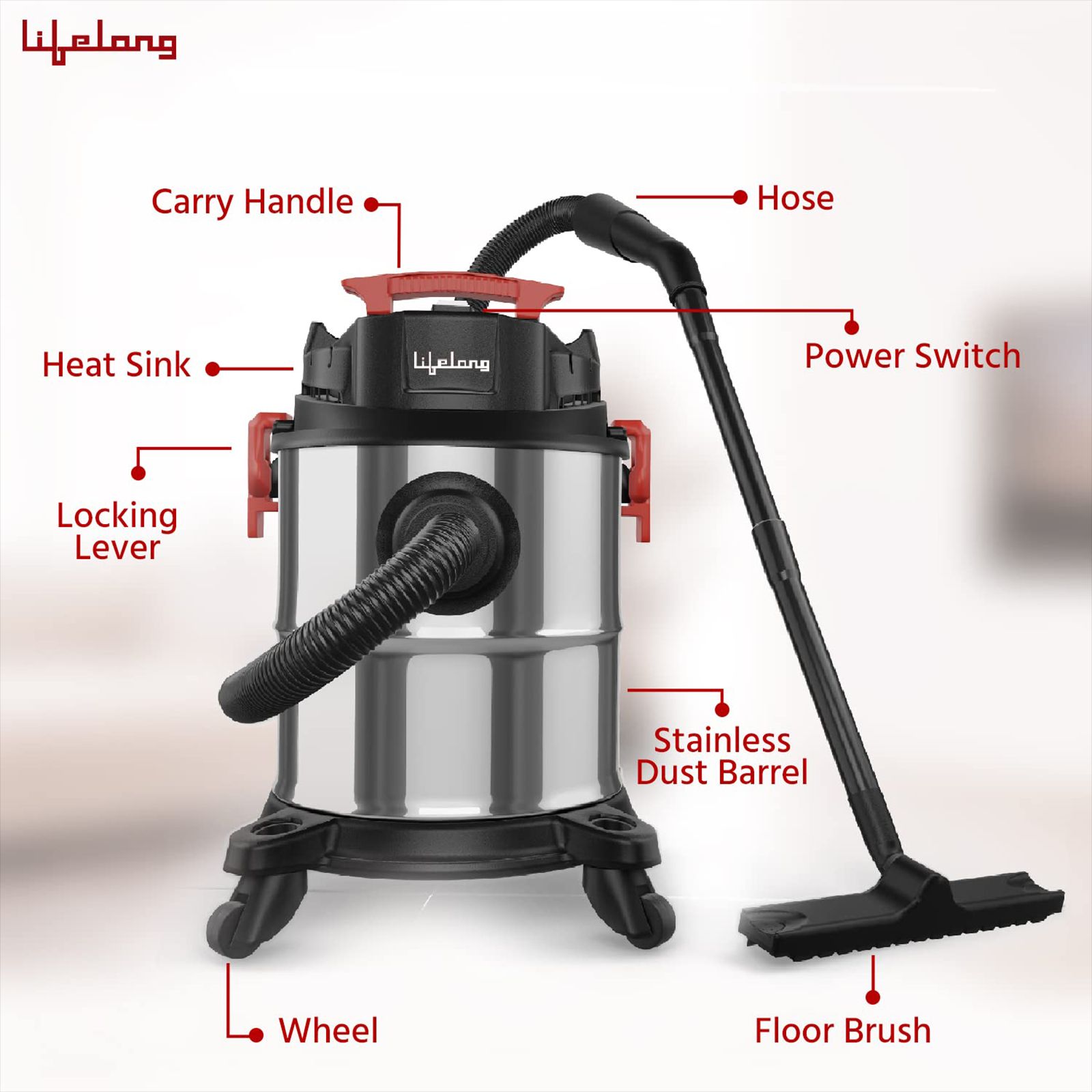 Lifelong Aspire ZX 1200W Wet & Dry Vacuum Cleaner with Blower Function (360 Degree Rotational Wheels, Red & Black)_3