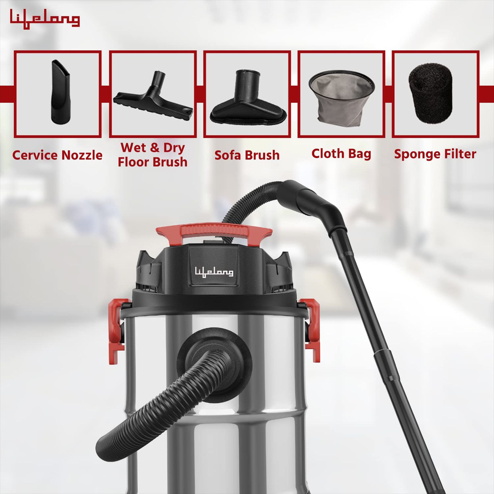Lifelong Aspire ZX 1200W Wet & Dry Vacuum Cleaner with Blower Function (360 Degree Rotational Wheels, Red & Black)_4