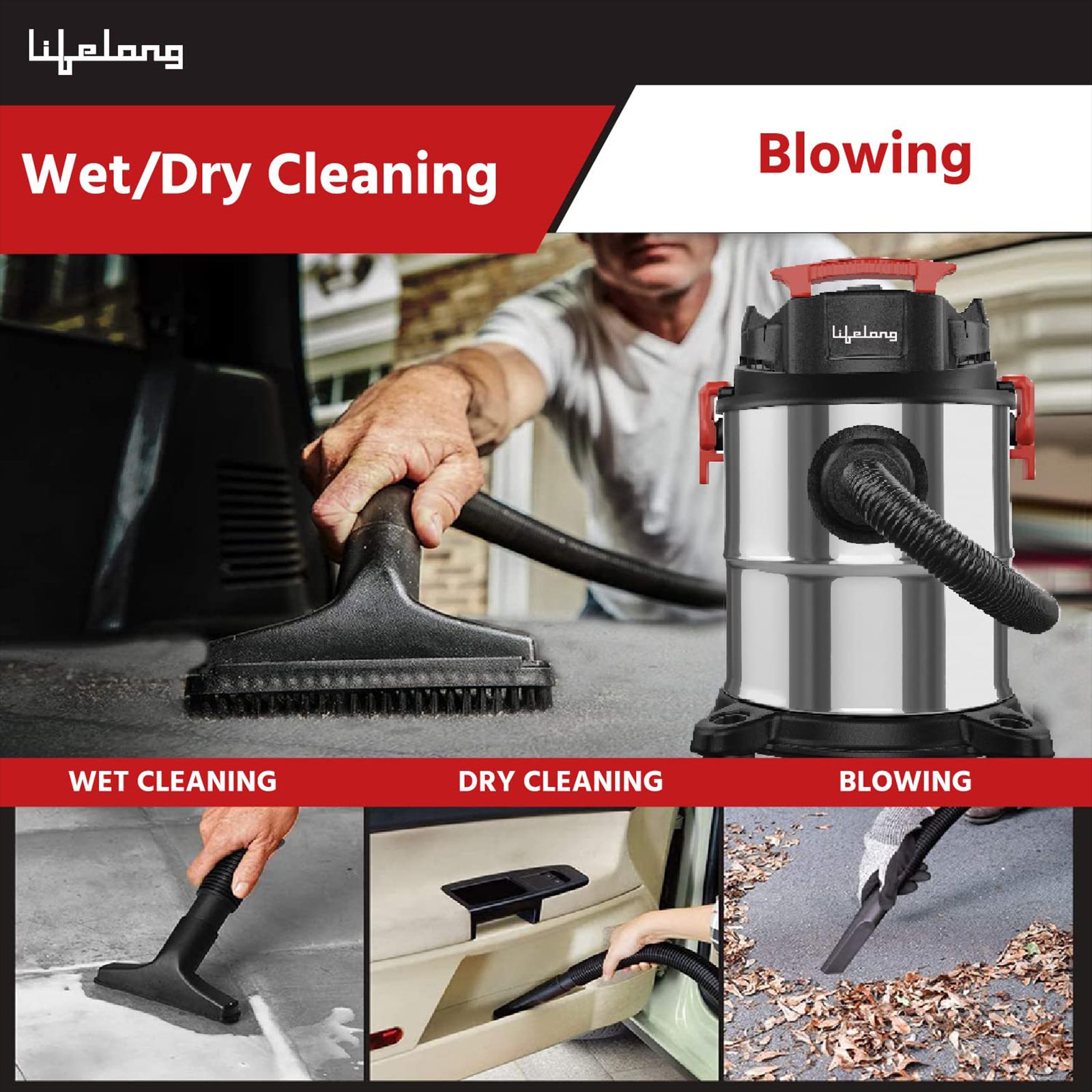 Lifelong Aspire ZX 1200W Wet & Dry Vacuum Cleaner with Blower Function (360 Degree Rotational Wheels, Red & Black)_5