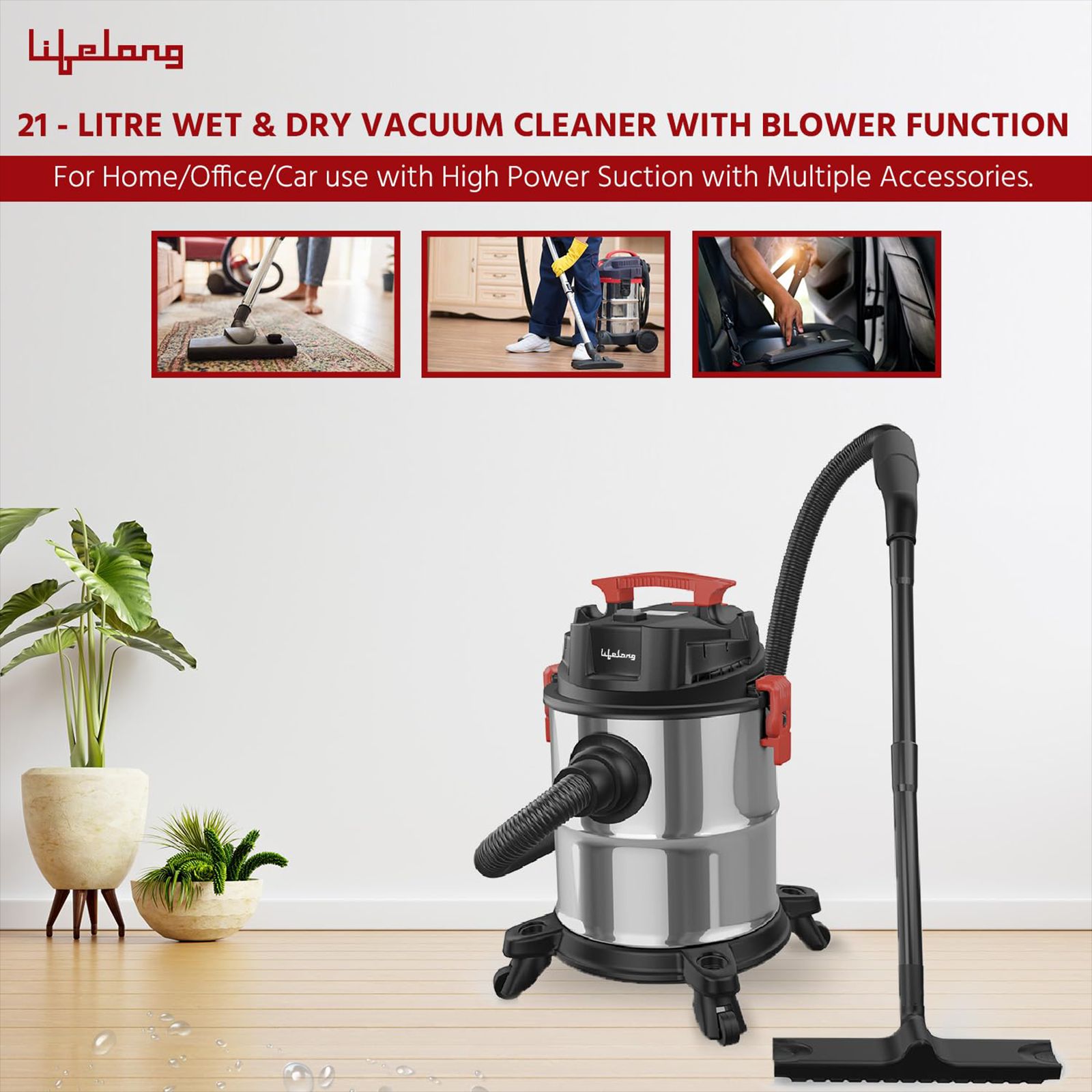 Lifelong Aspire ZX 1200W Wet & Dry Vacuum Cleaner with Blower Function (360 Degree Rotational Wheels, Red & Black)_6