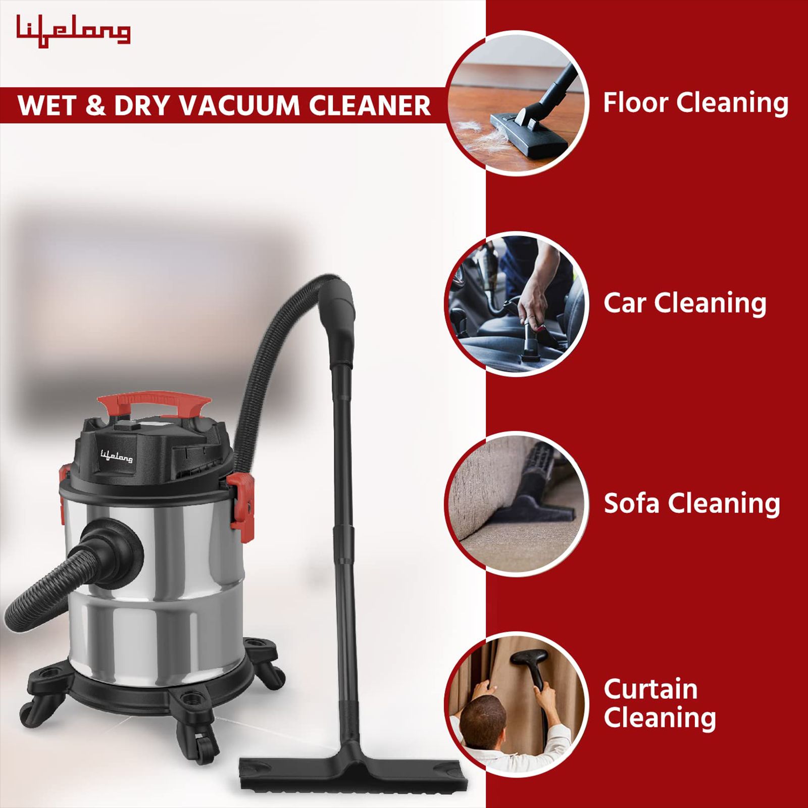 Lifelong Aspire ZX 1200W Wet & Dry Vacuum Cleaner with Blower Function (360 Degree Rotational Wheels, Red & Black)_2