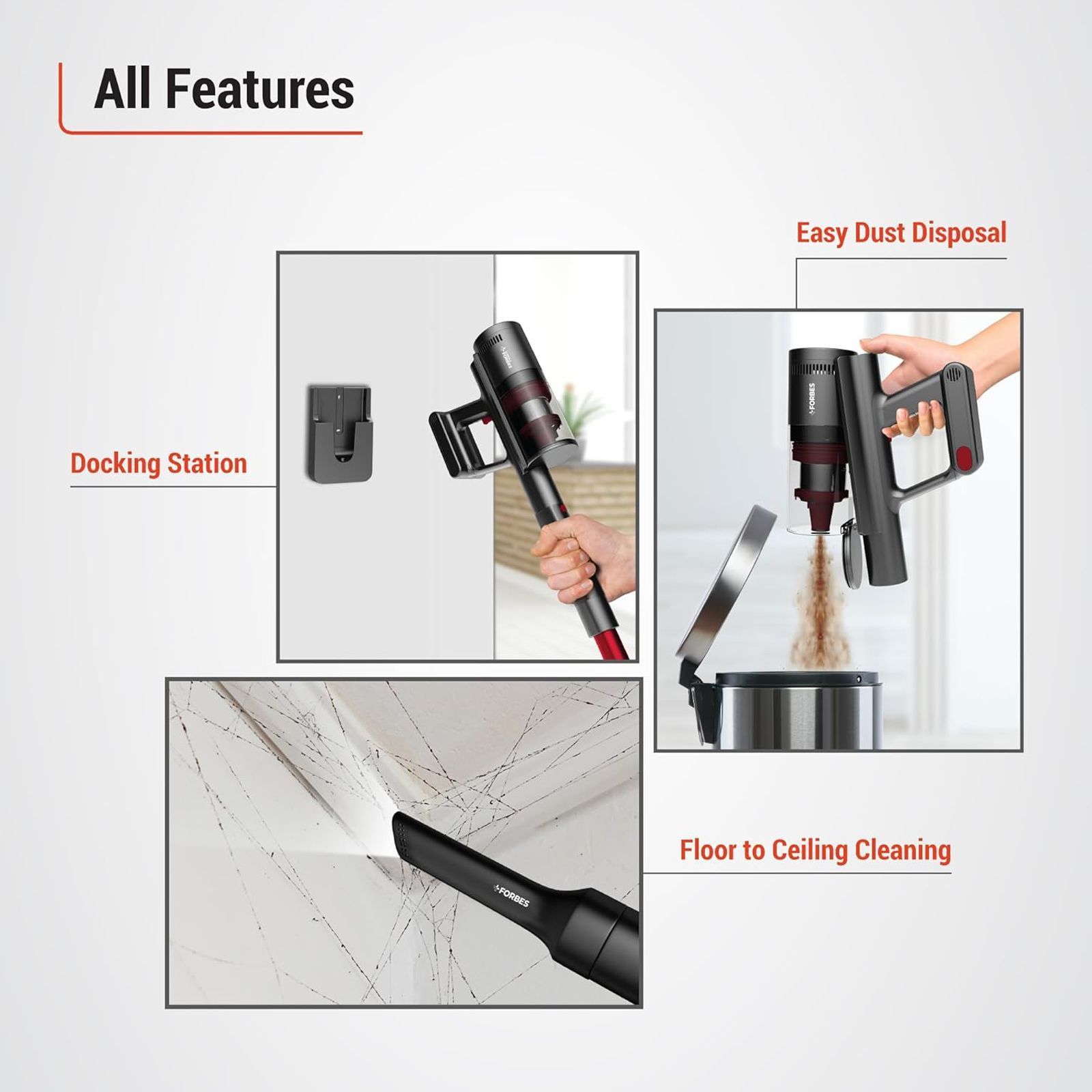 EUREKA FORBES ZeroBend Z15 450W Cordless Dry Vacuum Cleaner with Cyclonic Technology (3-in-1 Motorised Floor Brush, Red & Dark Grey)_9