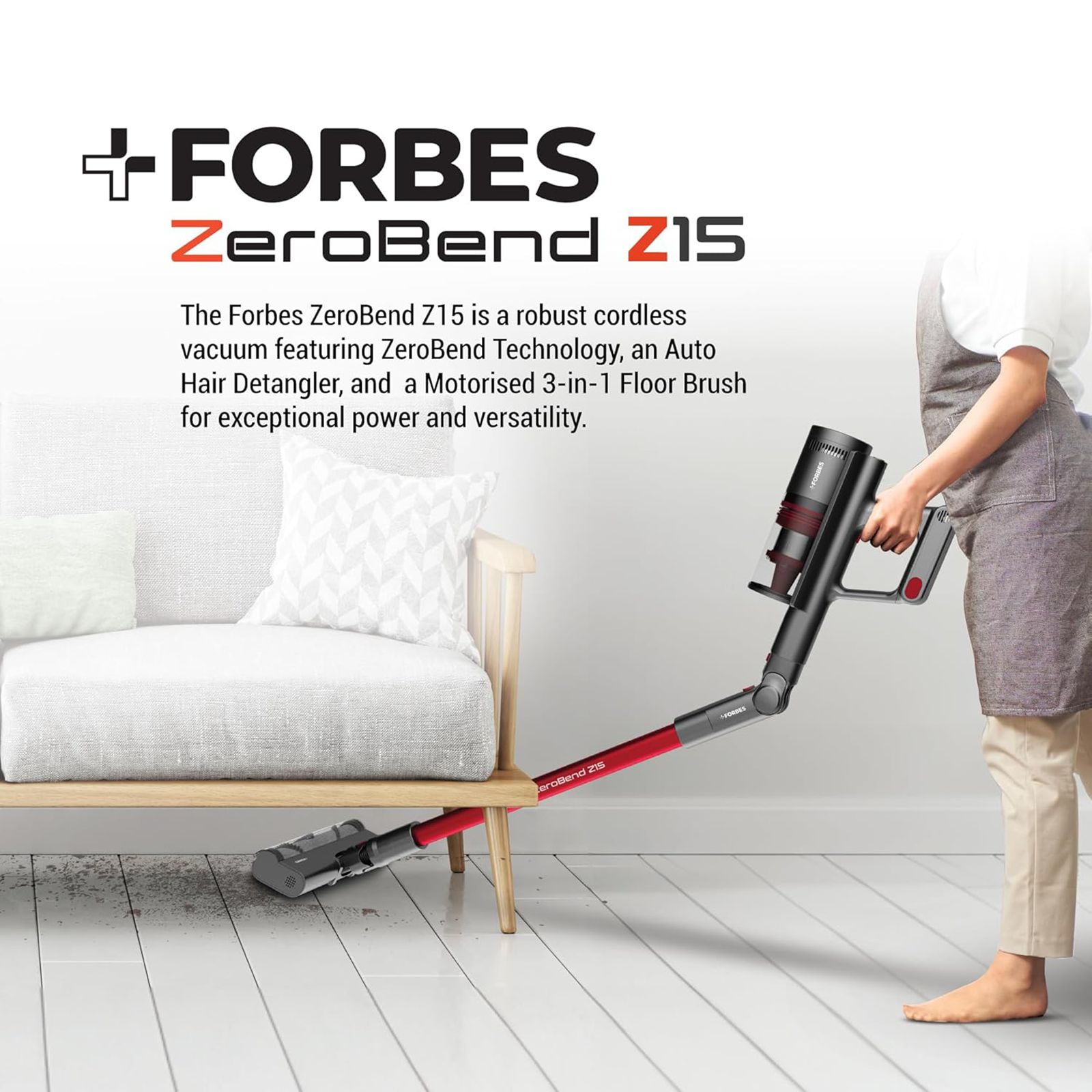 EUREKA FORBES ZeroBend Z15 450W Cordless Dry Vacuum Cleaner with Cyclonic Technology (3-in-1 Motorised Floor Brush, Red & Dark Grey)_11