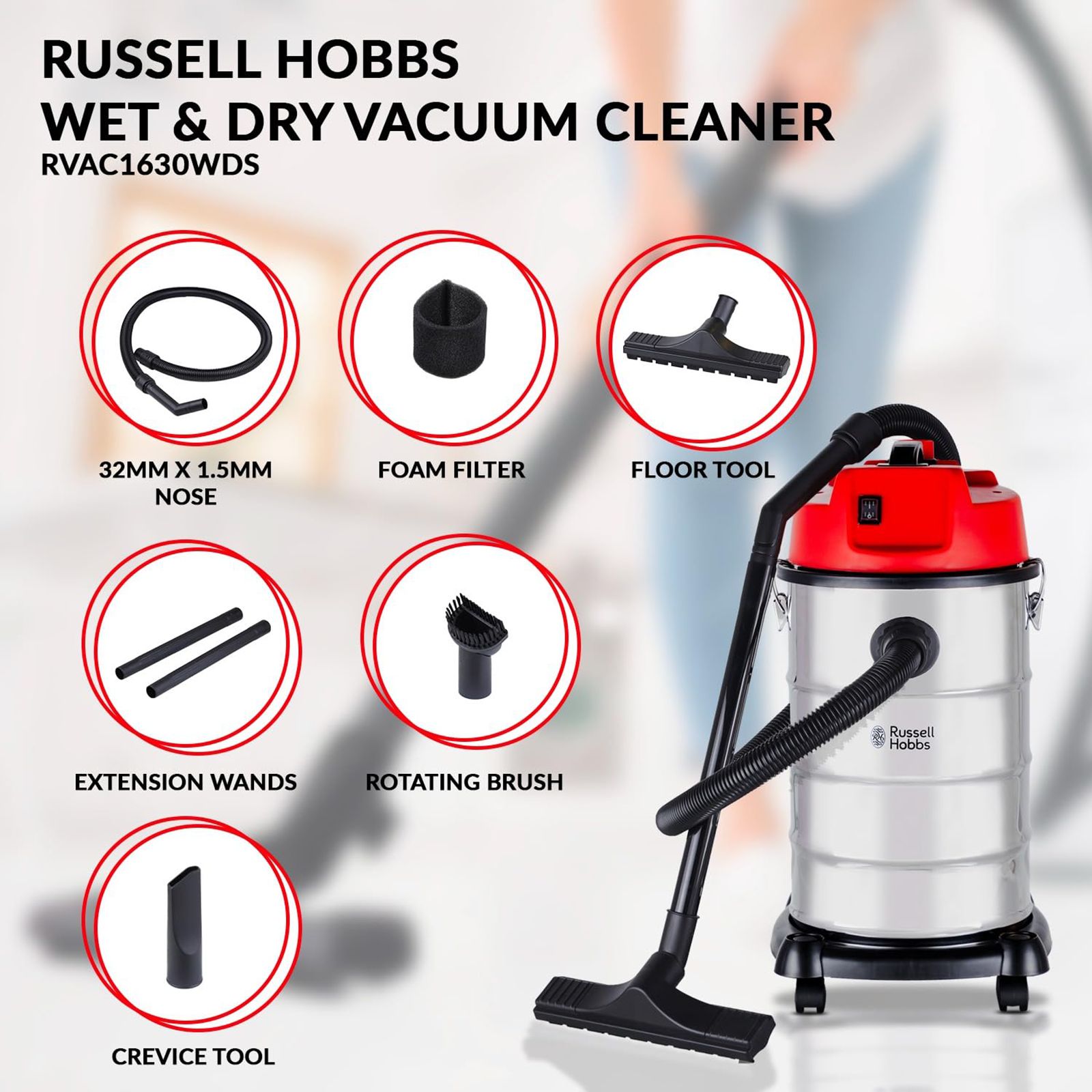 Russell Hobbs 1630W Wet & Dry Vacuum Cleaner with Integrated Blower Function (Stainless Steel Tank, Black & Red)_2