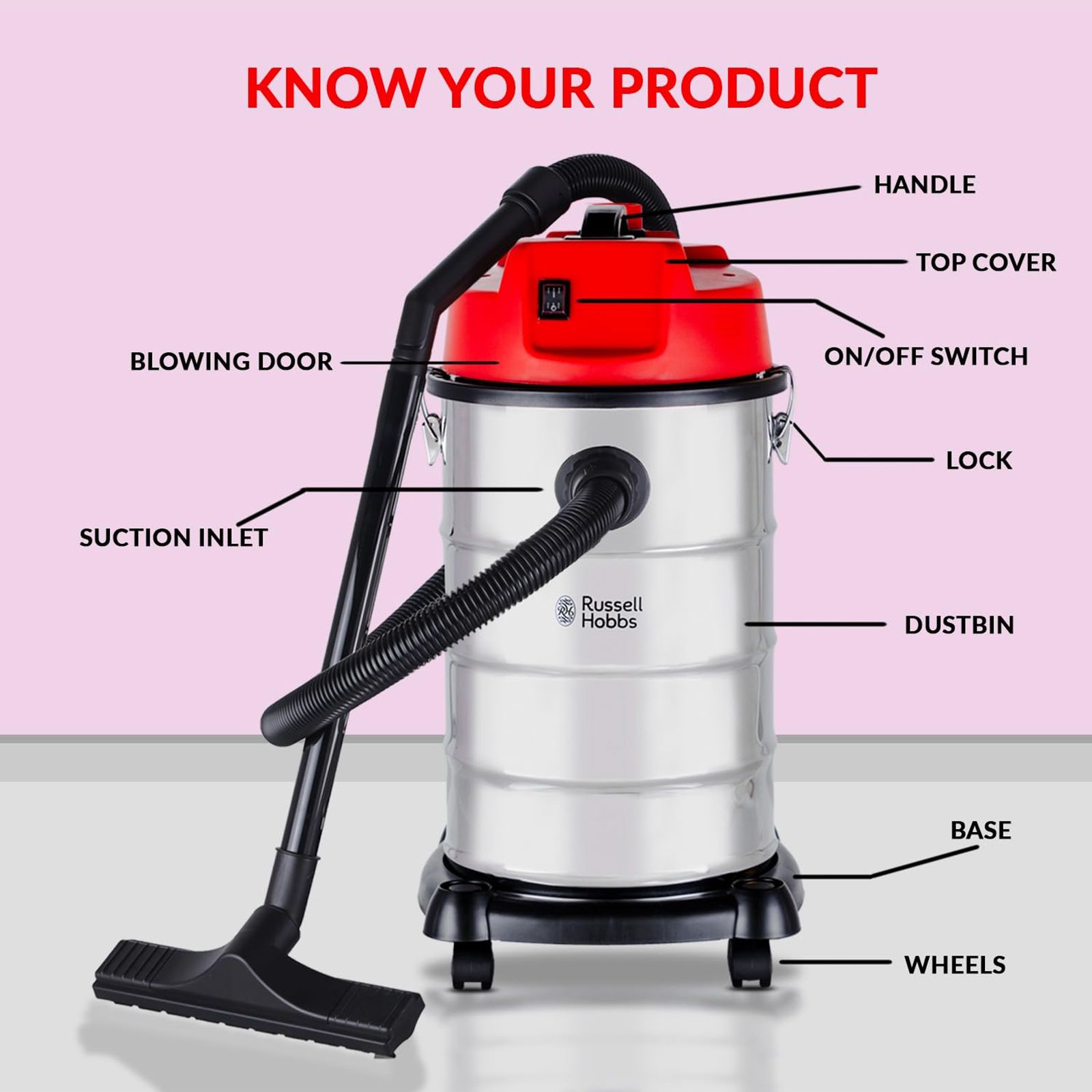 Russell Hobbs 1630W Wet & Dry Vacuum Cleaner with Integrated Blower Function (Stainless Steel Tank, Black & Red)_3